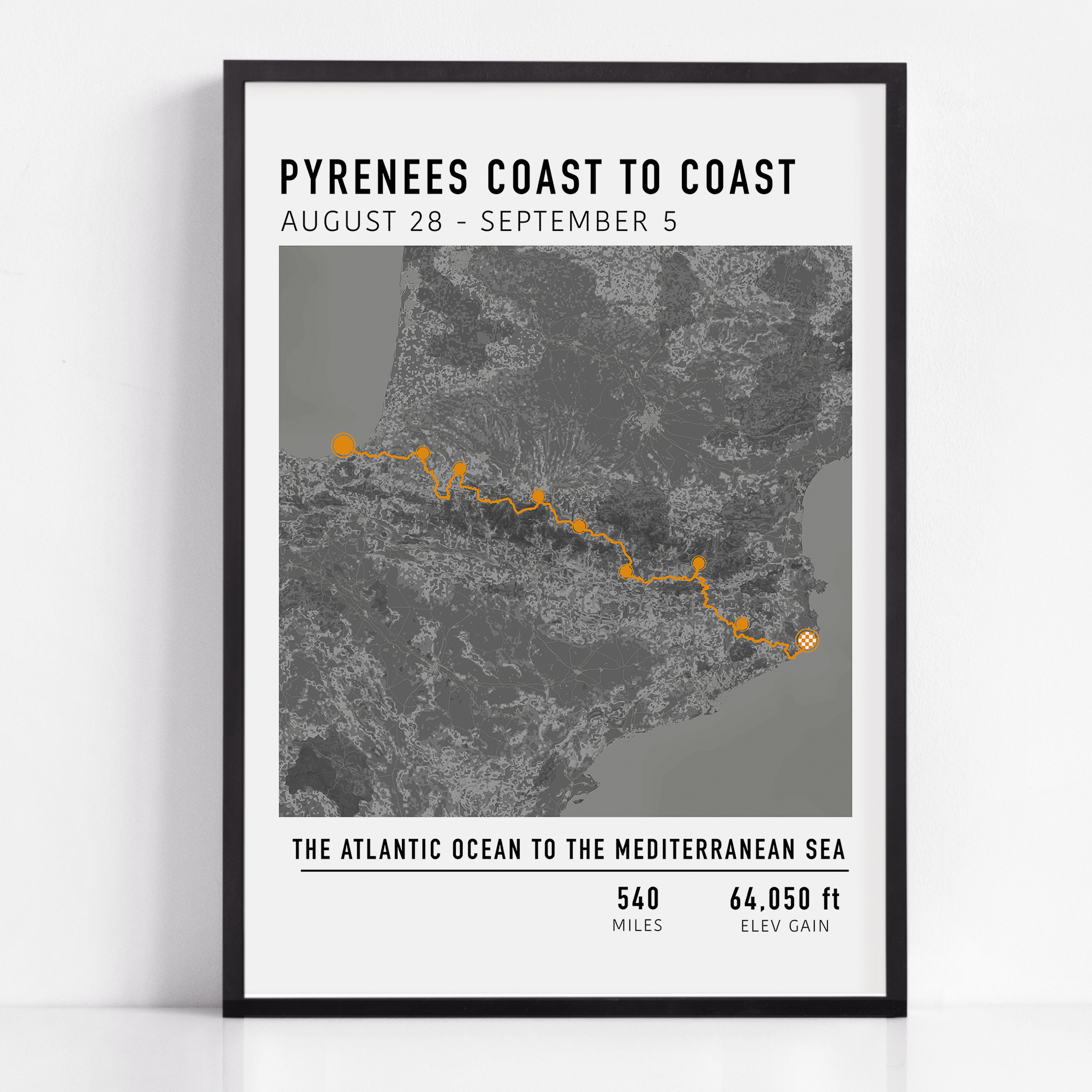 "Personalized multi-day cycling map print featuring a custom route, elevation profile, and key milestones. Perfect gift for cyclists to commemorate epic bike tours, endurance rides, and cycling adventures.