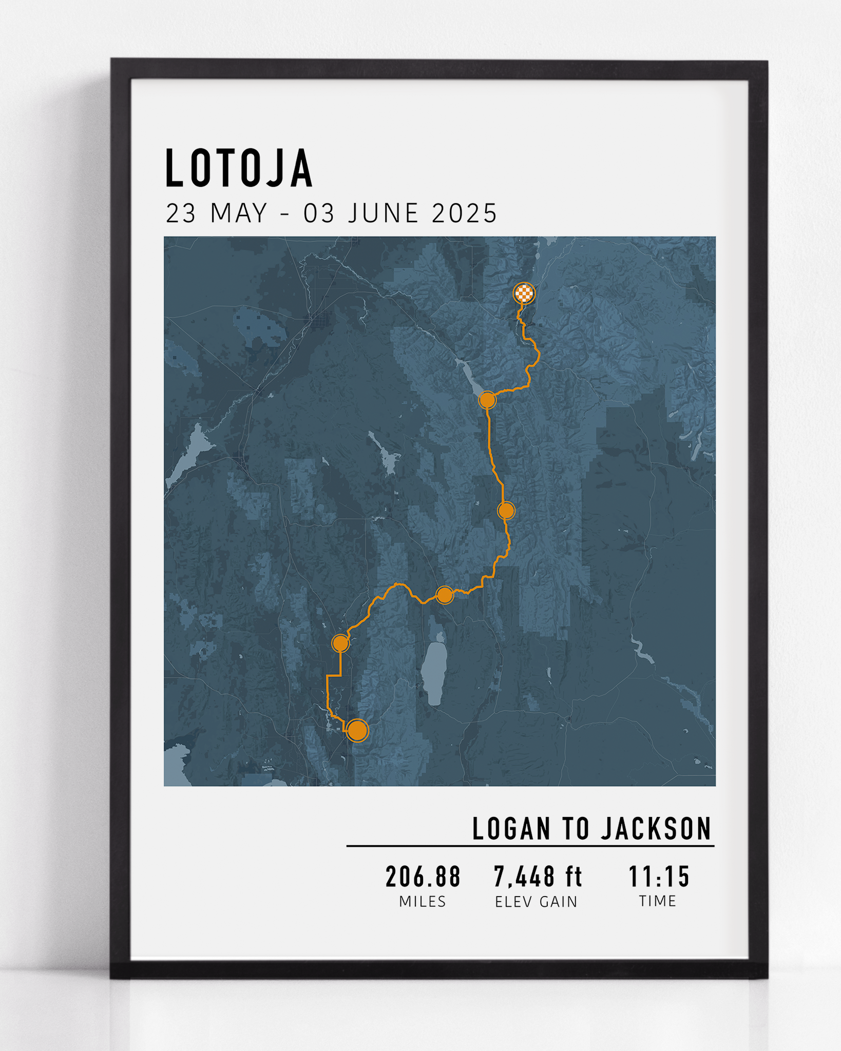 "Personalized multi-day cycling map print featuring a custom route, elevation profile, and key milestones. Perfect gift for cyclists to commemorate epic bike tours, endurance rides, and cycling adventures.