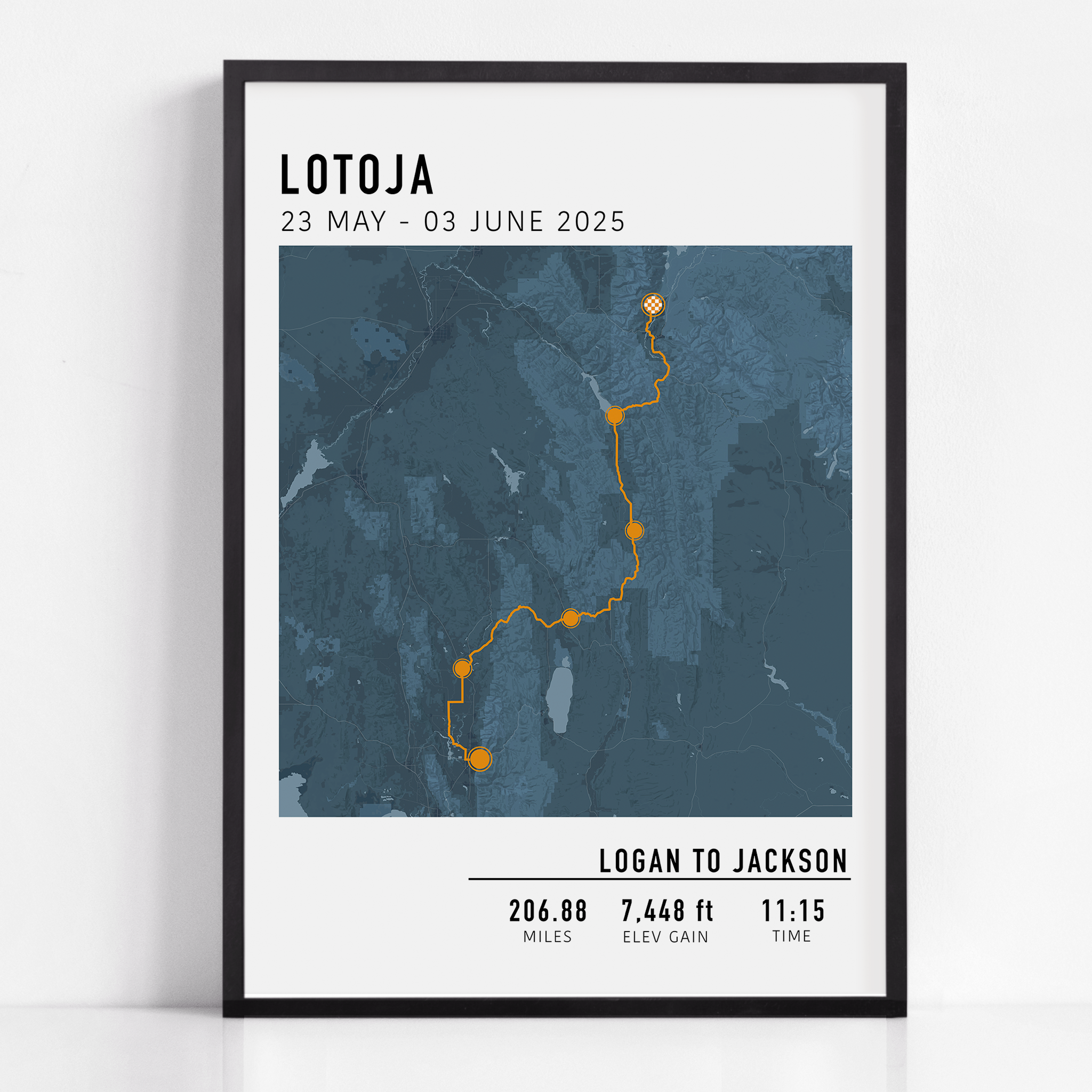 "Personalized multi-day cycling map print featuring a custom route, elevation profile, and key milestones. Perfect gift for cyclists to commemorate epic bike tours, endurance rides, and cycling adventures.