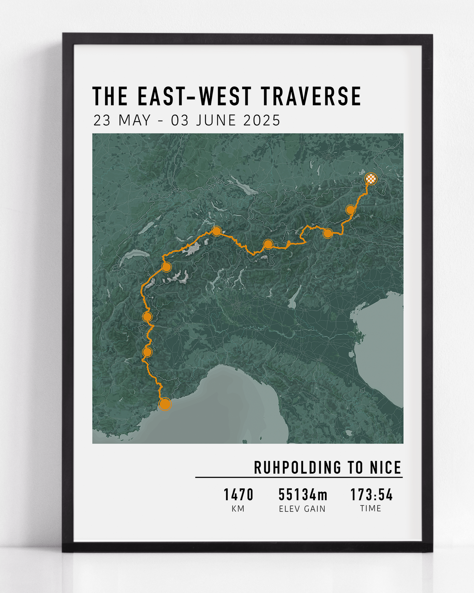 "Personalized multi-day cycling map print featuring a custom route, elevation profile, and key milestones. Perfect gift for cyclists to commemorate epic bike tours, endurance rides, and cycling adventures.