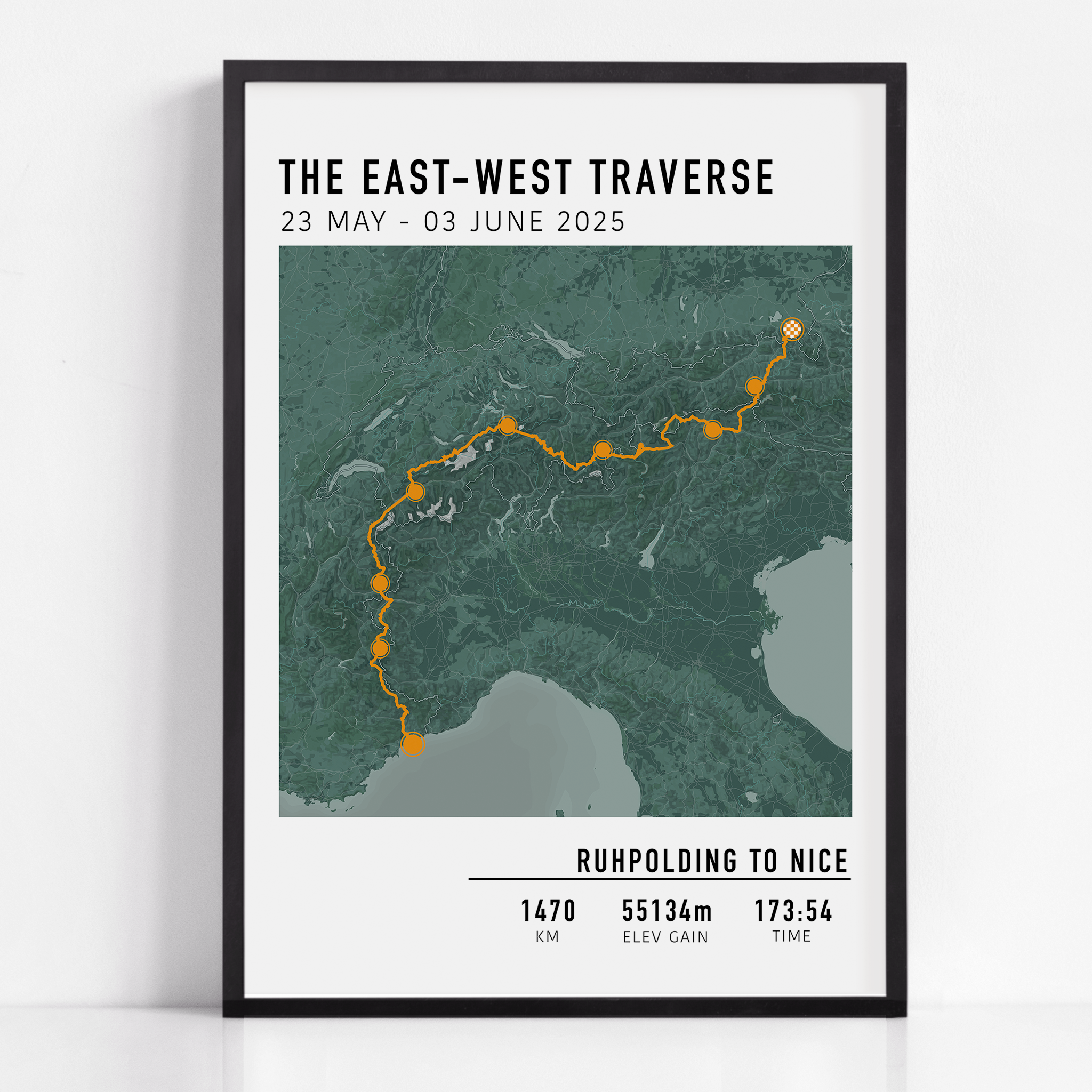 "Personalized multi-day cycling map print featuring a custom route, elevation profile, and key milestones. Perfect gift for cyclists to commemorate epic bike tours, endurance rides, and cycling adventures.