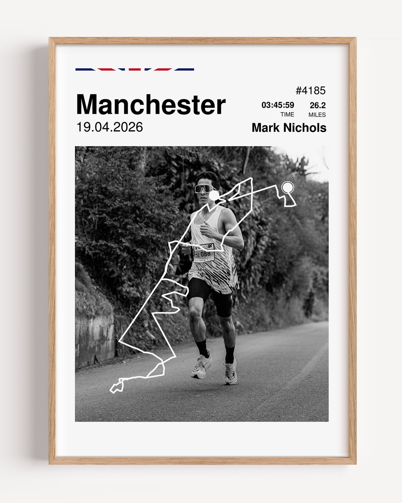 manchester marathon custom print 2026 with the course map and finisher statistics including photo