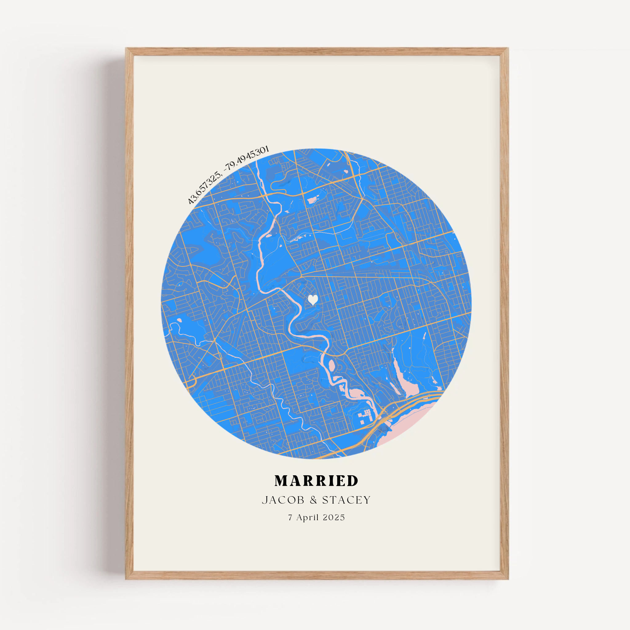 Close up of custom wedding map print featuring personalised names, date, and detailed location design