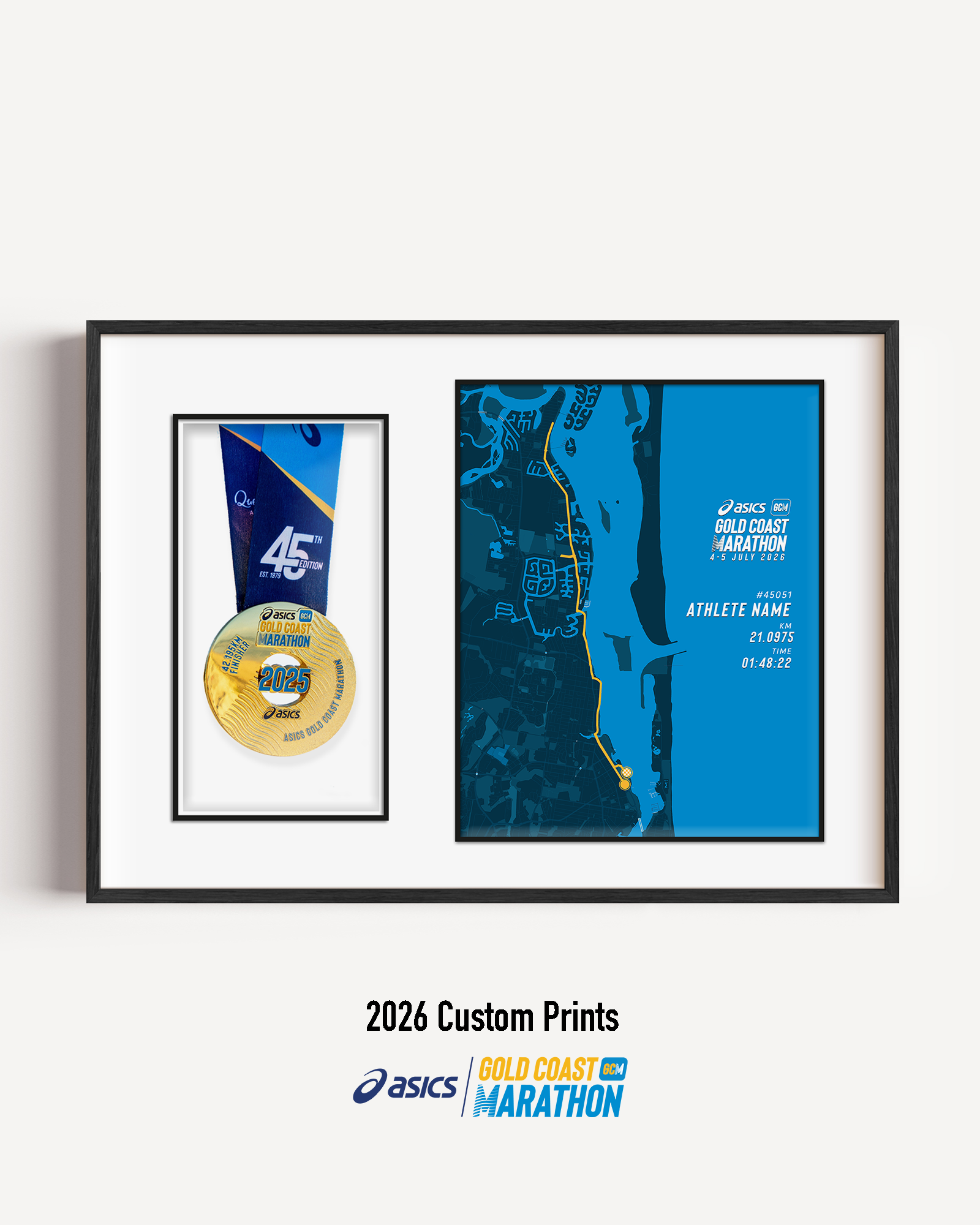 ASICS Gold Coast Half Marathon Medal Display Frame showing a custom half marathon print with the official course map and personalised details, presented beside a mounted finisher medal in a premium black frame.