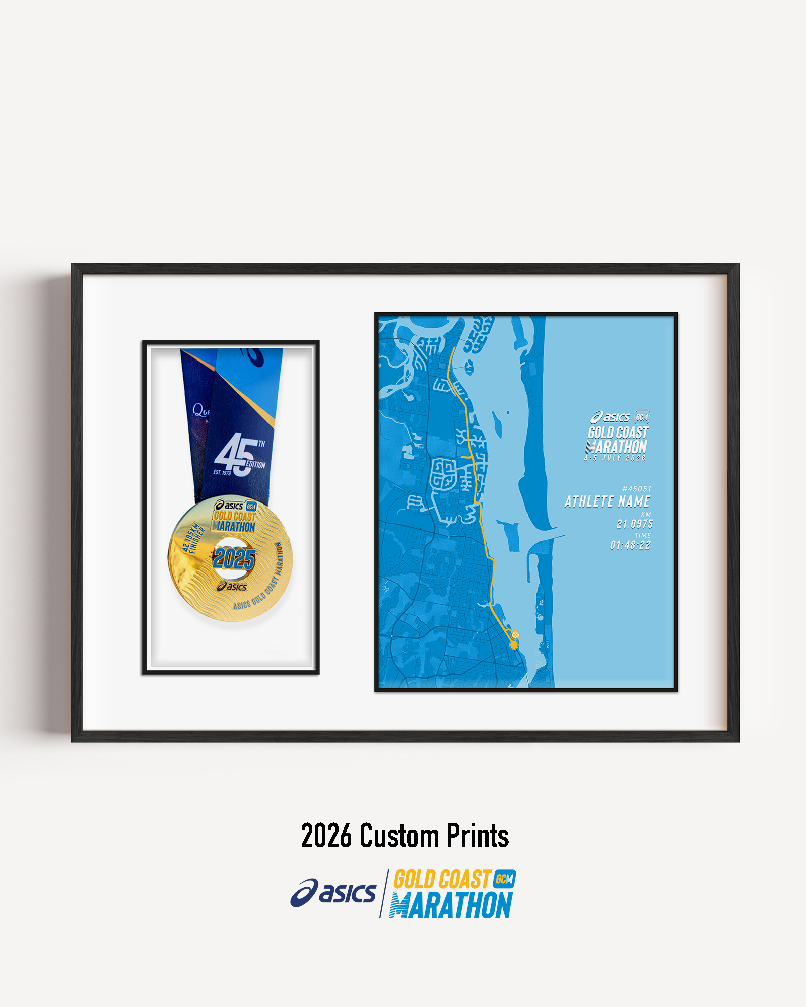 ASICS Gold Coast Half Marathon Medal Display Frame showing a custom half marathon print with the official course map and personalised details, presented beside a mounted finisher medal in a premium black frame.