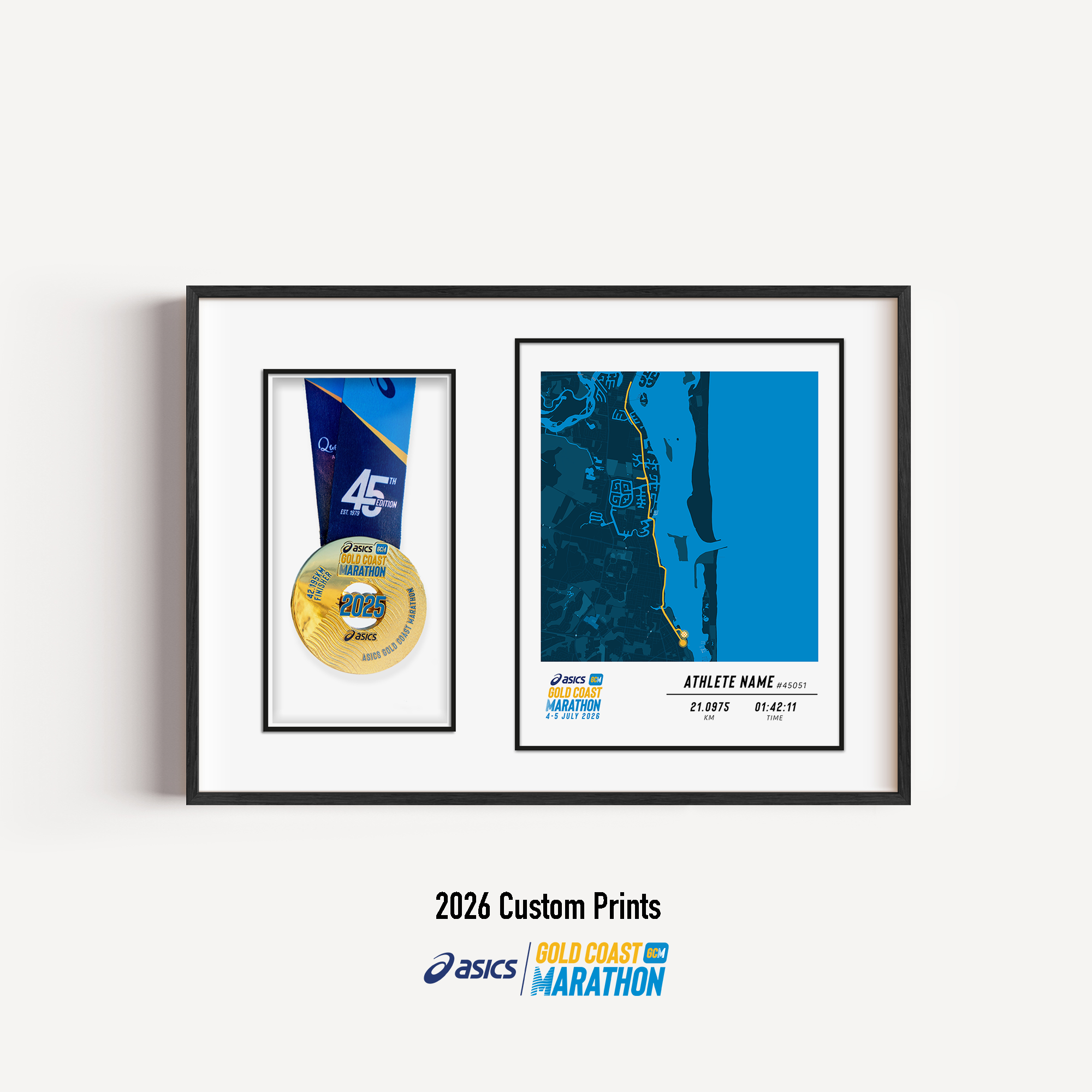 ASICS Gold Coast Half Marathon Medal Display Frame showing a custom half marathon print with the official course map and personalised details, presented beside a mounted finisher medal in a premium black frame.