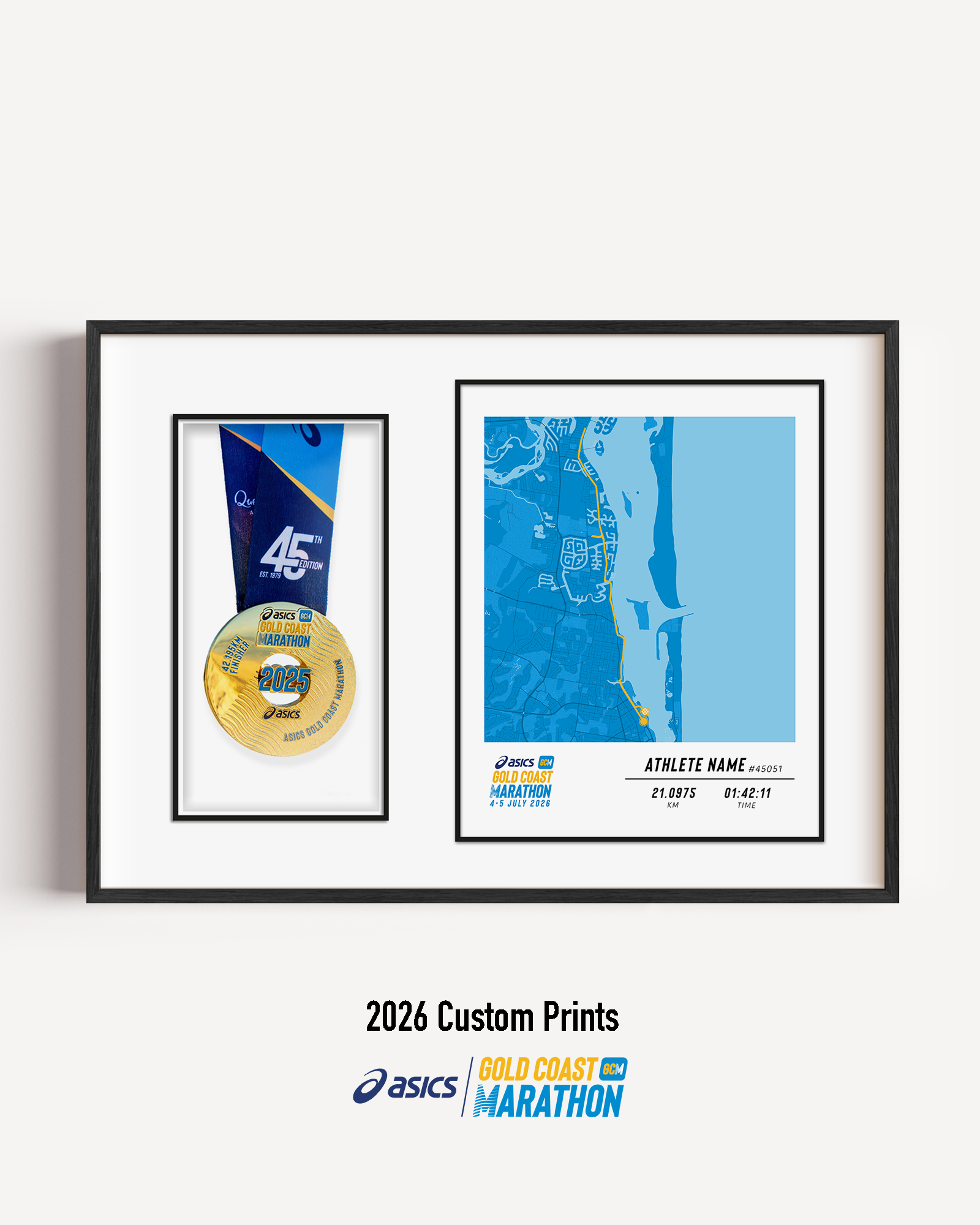 ASICS Gold Coast Half Marathon Medal Display Frame showing a custom half marathon print with the official course map and personalised details, presented beside a mounted finisher medal in a premium black frame.