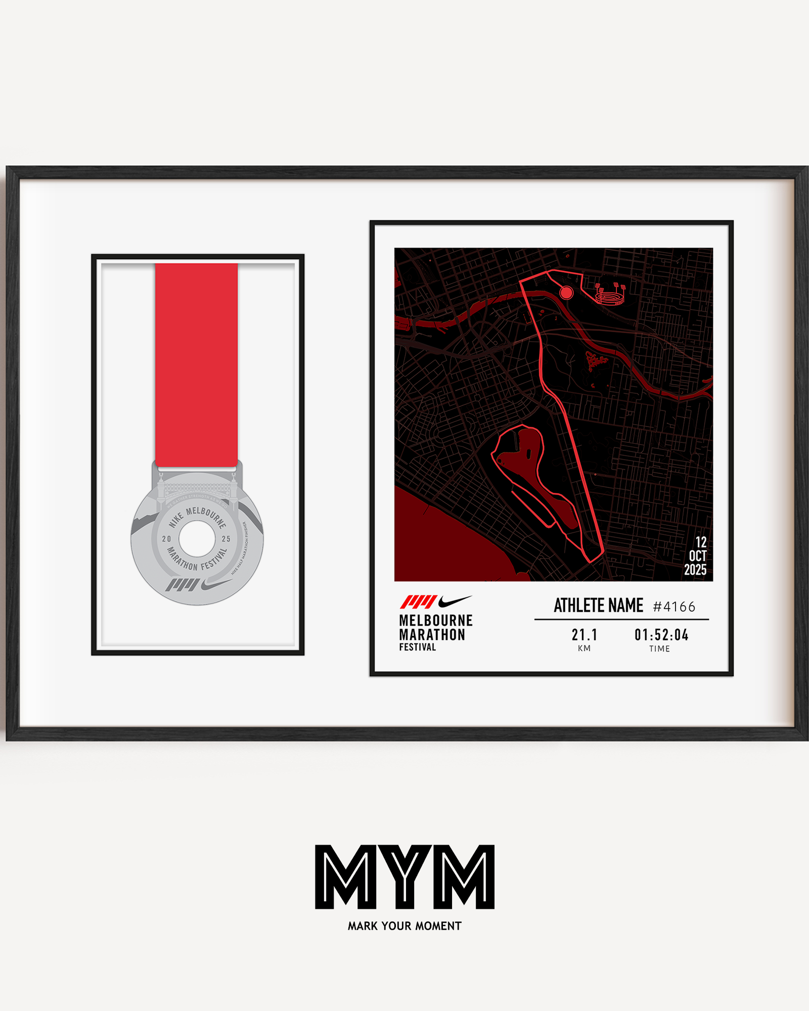 Celebrate your run with the Official 2025 Melbourne Half Marathon Medal Display Frame, featuring a personalised print of the full race course to the MCG alongside your name, bib number, and finish time—professionally framed beside your finisher’s medal in a sleek commemorative design.