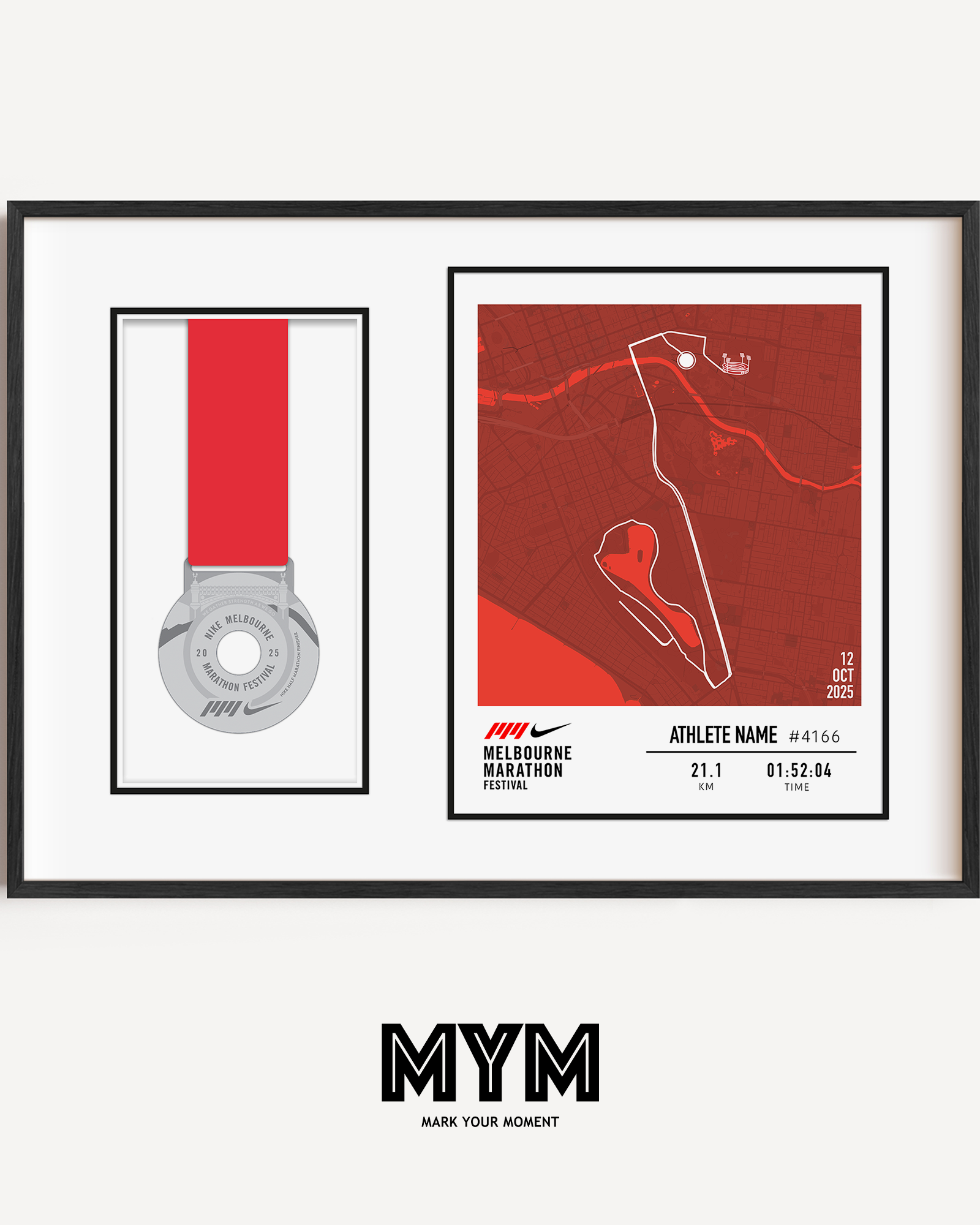 Celebrate your run with the Official 2025 Melbourne Half Marathon Medal Display Frame, featuring a personalised print of the full race course to the MCG alongside your name, bib number, and finish time—professionally framed beside your finisher’s medal in a sleek commemorative design.