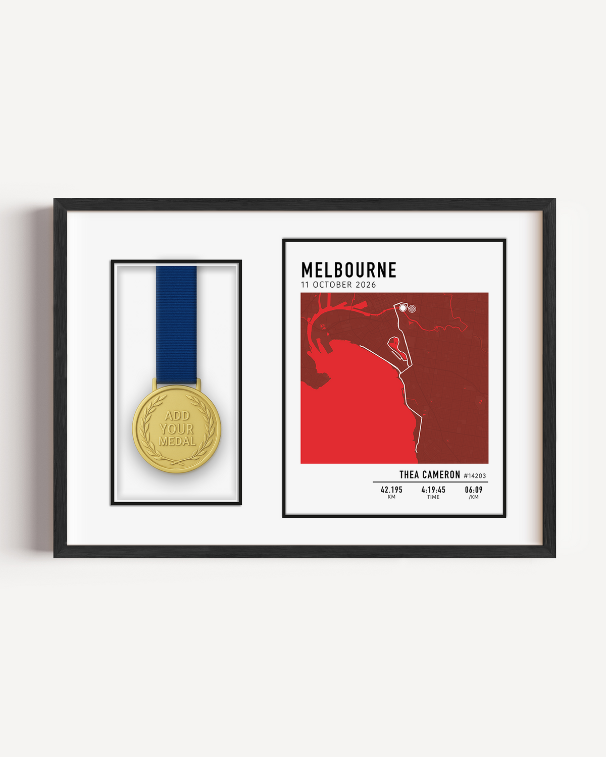 A framed commemorative 2026 Melbourne Marathon Medal Display Frame with a custom map including athlete statistics and a place to hang their medal in a premium frame.