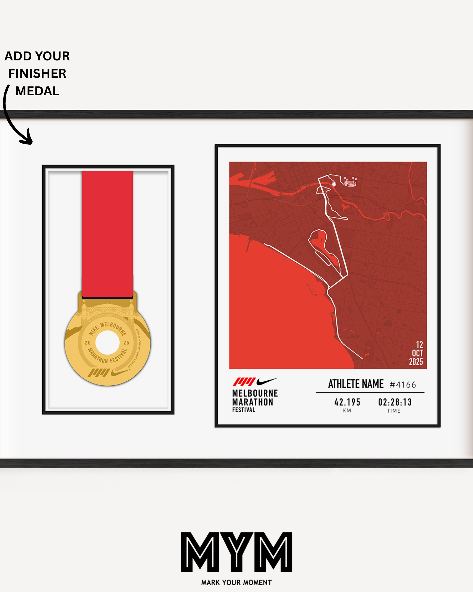 Celebrate your run with the Official 2025 Melbourne Marathon Medal Display Frame, featuring a personalised print of the full race course to the MCG alongside your name, bib number, and finish time—professionally framed beside your finisher’s medal in a sleek commemorative design.