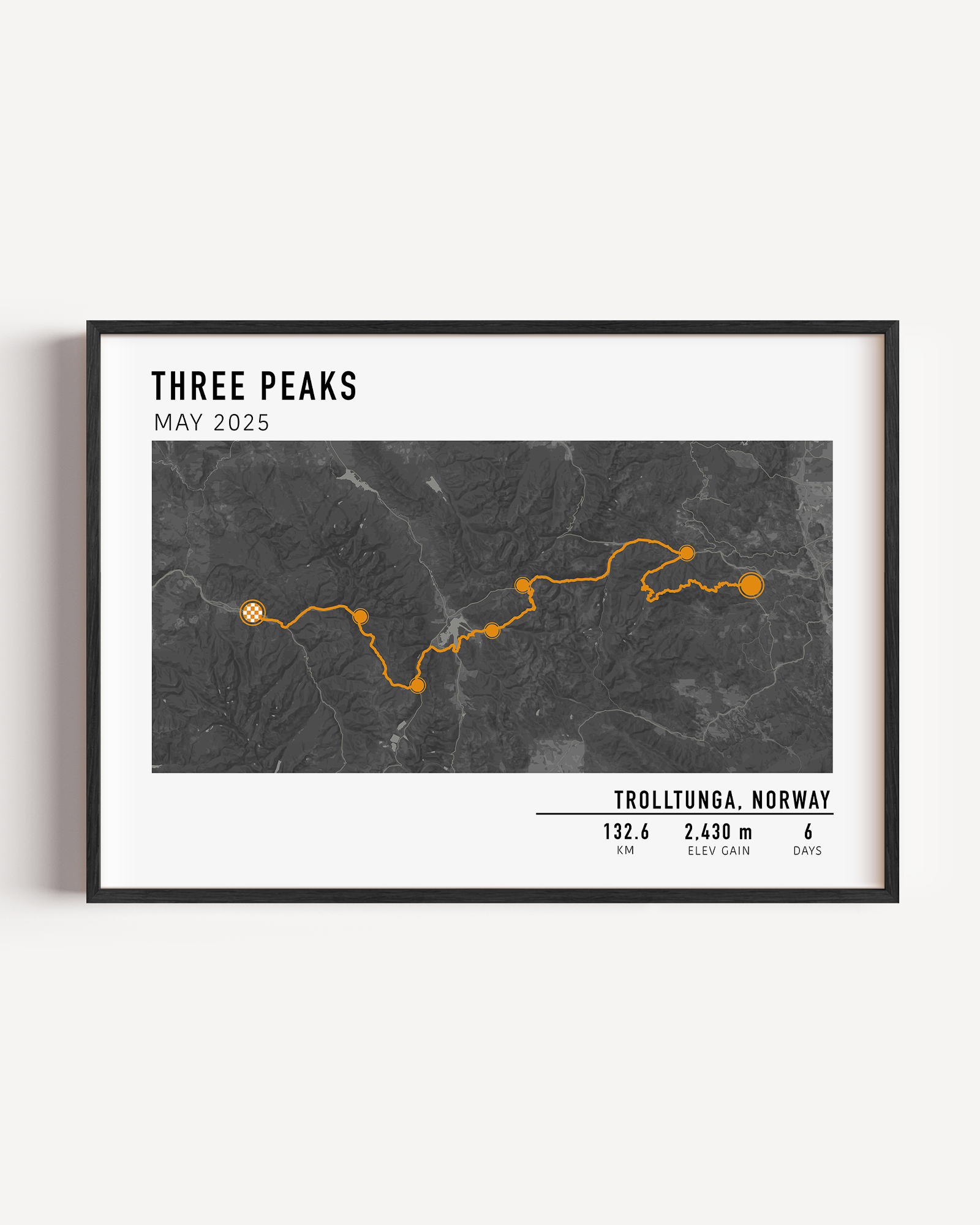 Custom hiking poster for multi-day trek with detailed route and stats