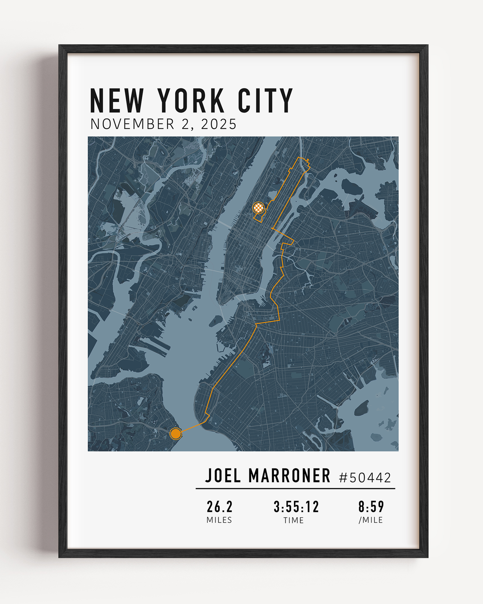 Custom New York City Marathon map poster showcasing the legendary race route, personalized with GPX data. Ideal NYC Marathon route gift or keepsake for finishers and runners celebrating their achievements.