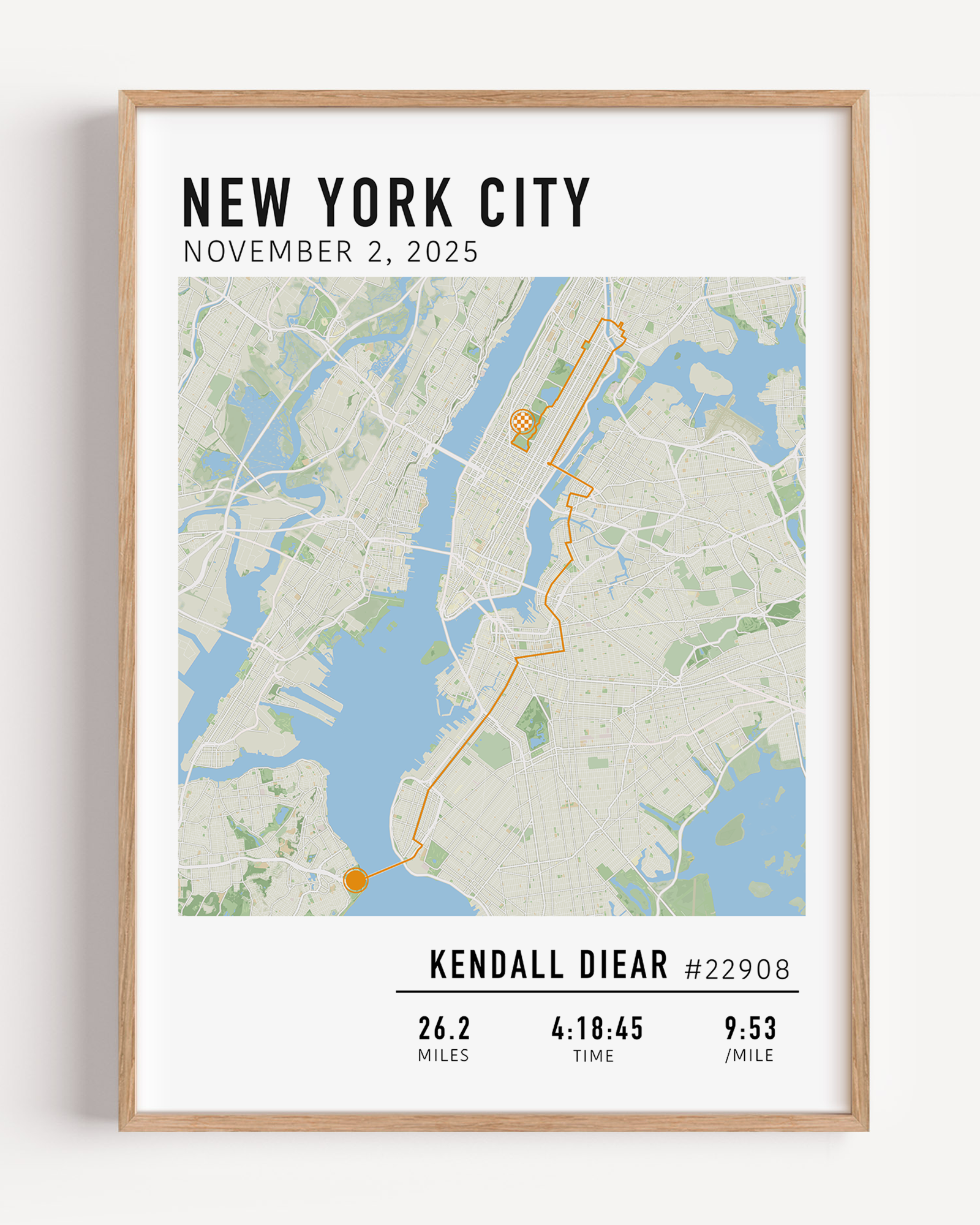 Custom New York City Marathon map poster showcasing the legendary race route, personalized with GPX data. Ideal NYC Marathon route gift or keepsake for finishers and runners celebrating their achievements.