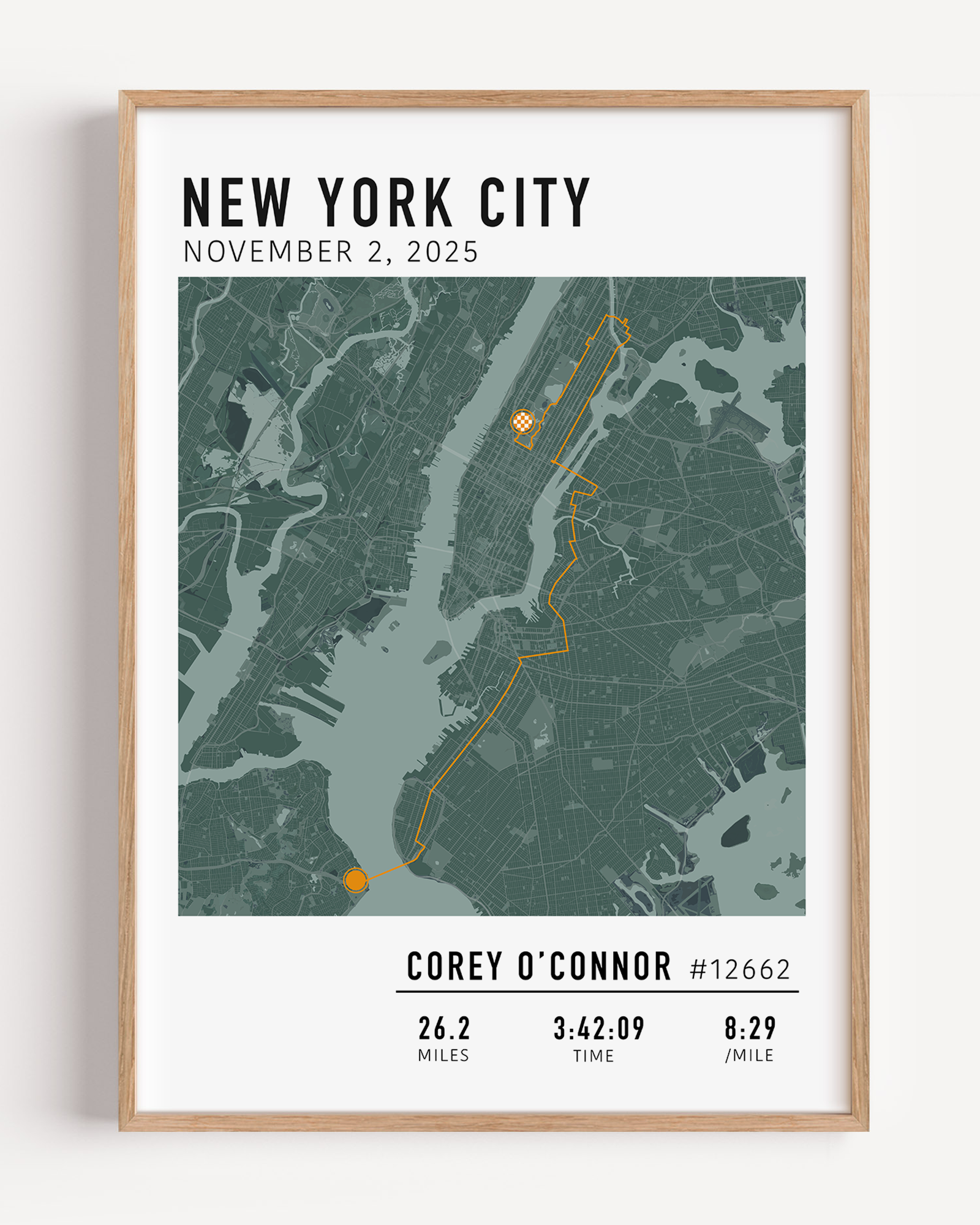 Custom New York City Marathon map poster showcasing the legendary race route, personalized with GPX data. Ideal NYC Marathon route gift or keepsake for finishers and runners celebrating their achievements.