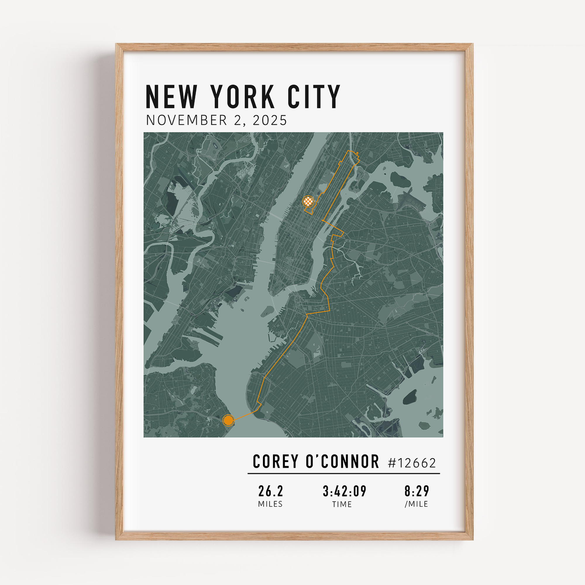 Custom New York City Marathon map poster showcasing the legendary race route, personalized with GPX data. Ideal NYC Marathon route gift or keepsake for finishers and runners celebrating their achievements.