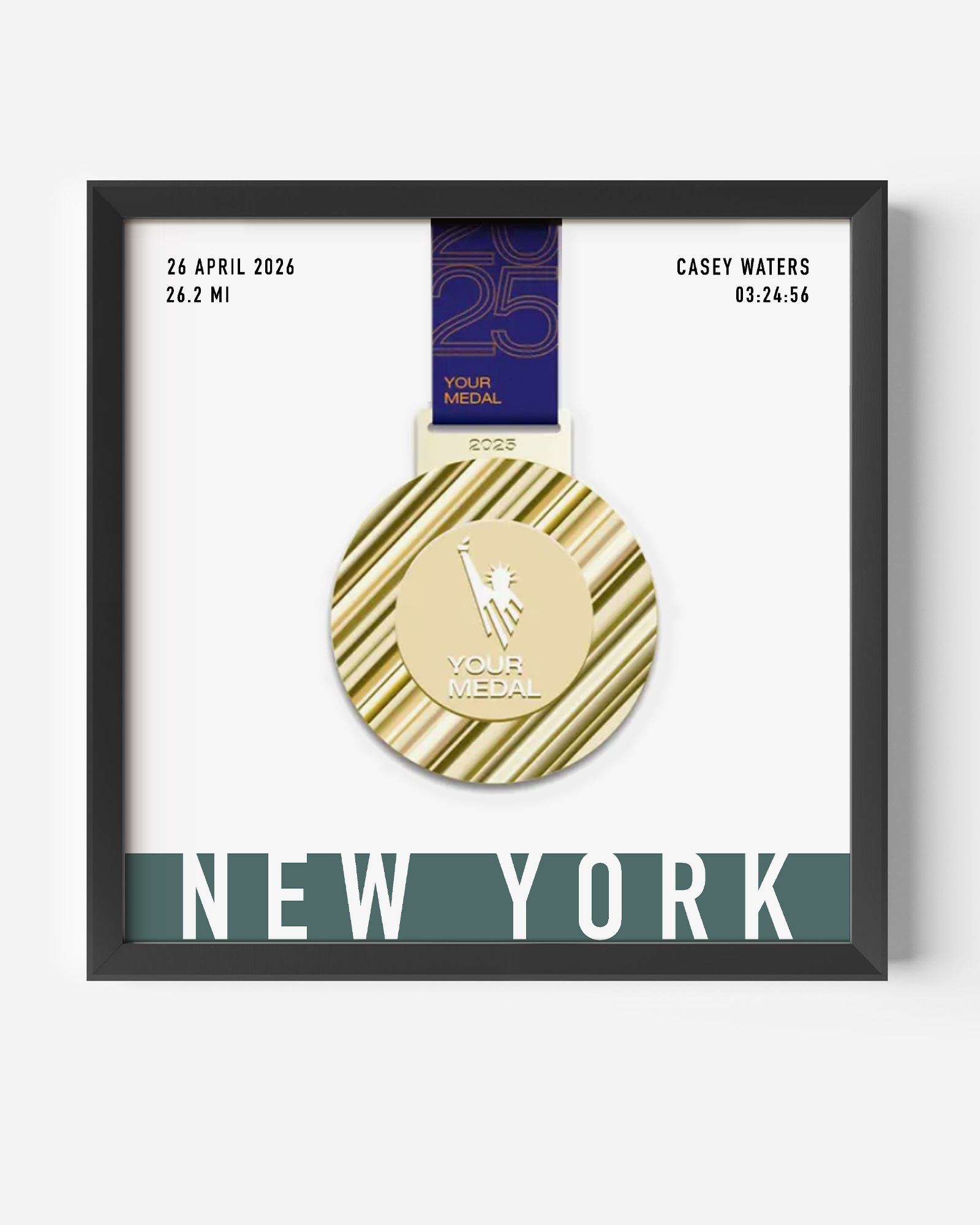 Medal display frame for any marathon event custom and unique to the participant with name, distance and time