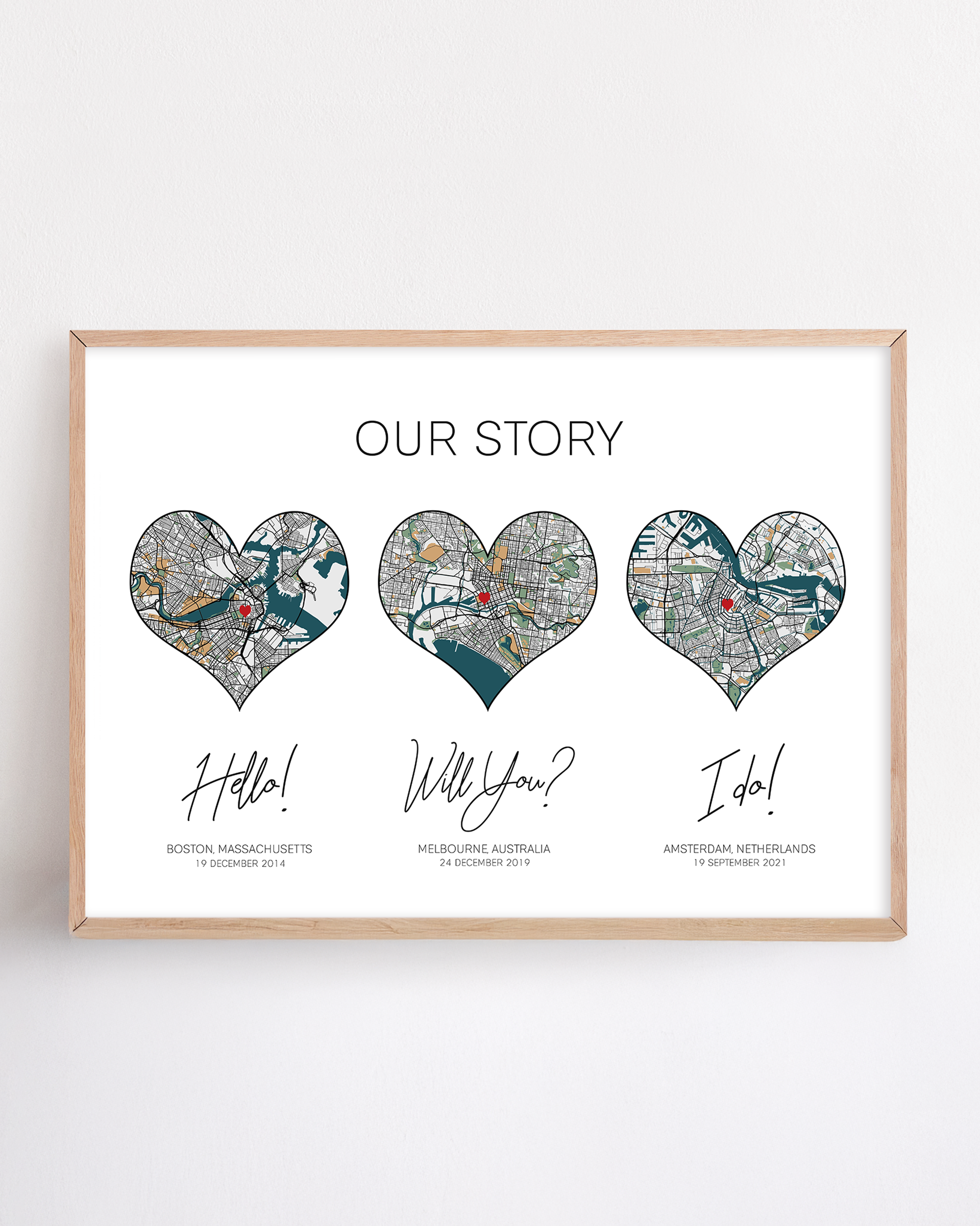 Custom anniversary print on paper featuring the phrases "Our Story," "Hello," "Will You?," and "I Do"—a personalized design celebrating a couple’s journey, honoring the traditional first-year anniversary gift of paper