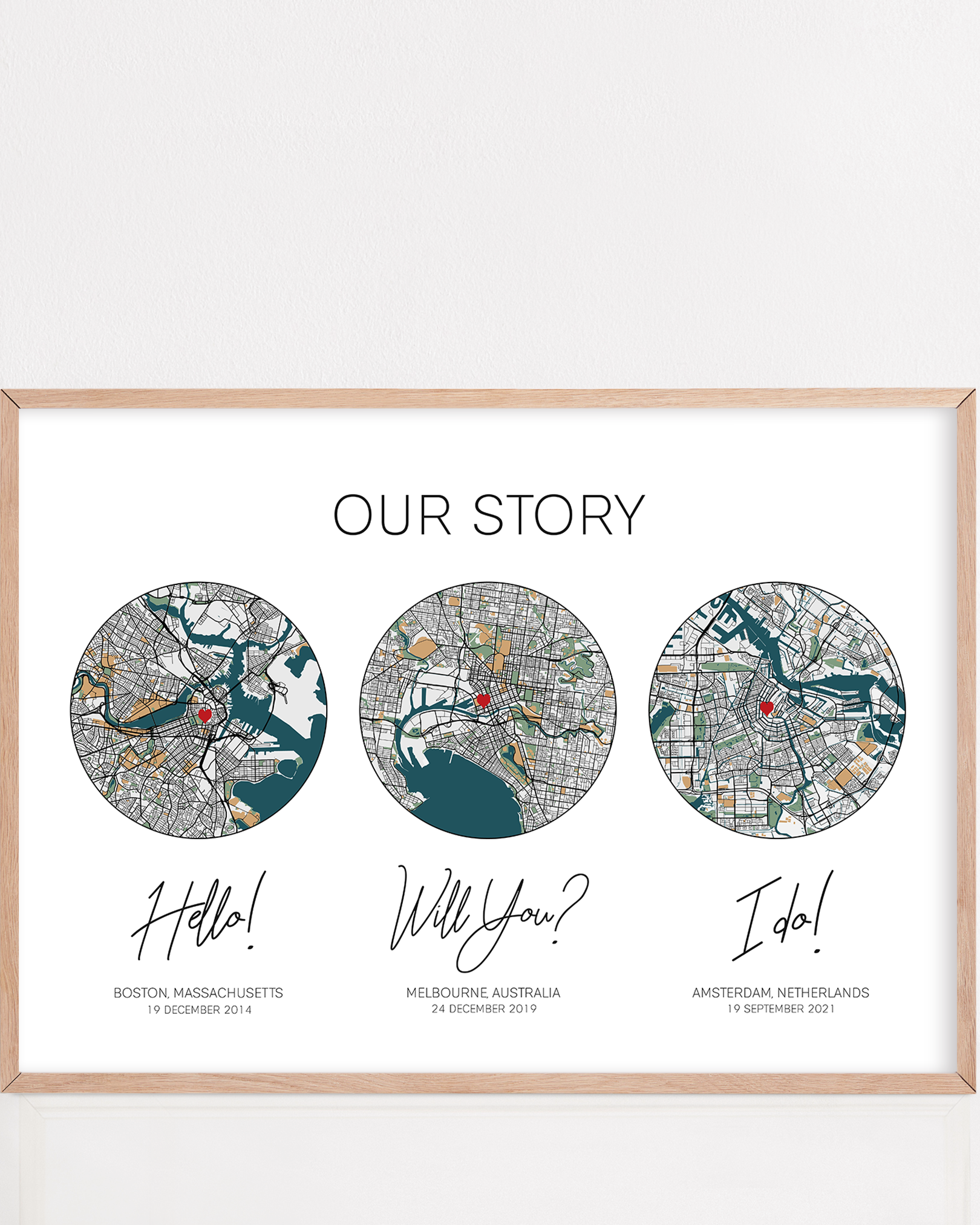 Custom anniversary print on paper featuring the phrases "Our Story," "Hello," "Will You?," and "I Do"—a personalized design celebrating a couple’s journey, honoring the traditional first-year anniversary gift of paper