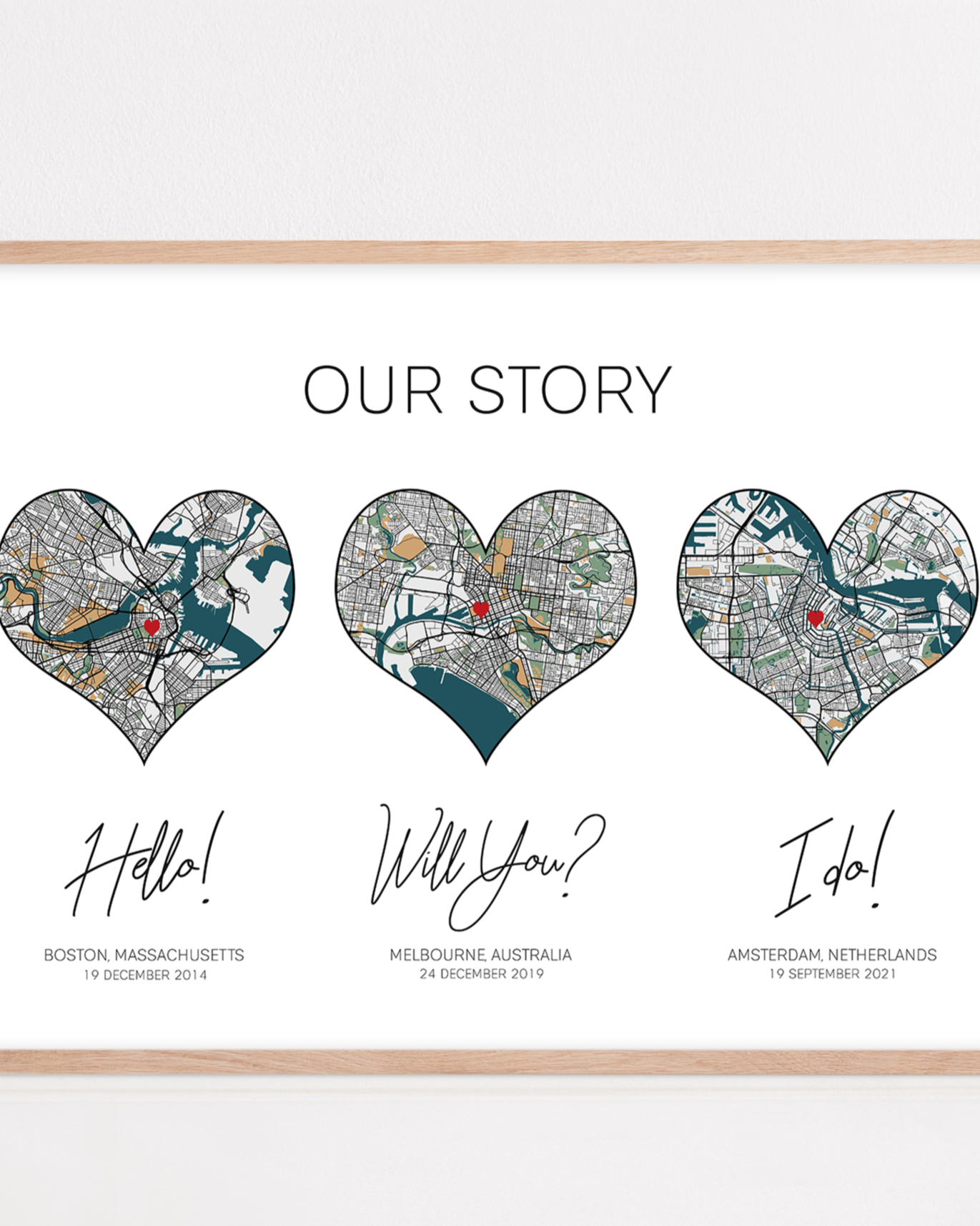 Custom anniversary print on paper featuring the phrases "Our Story," "Hello," "Will You?," and "I Do"—a personalized design celebrating a couple’s journey, honoring the traditional first-year anniversary gift of paper