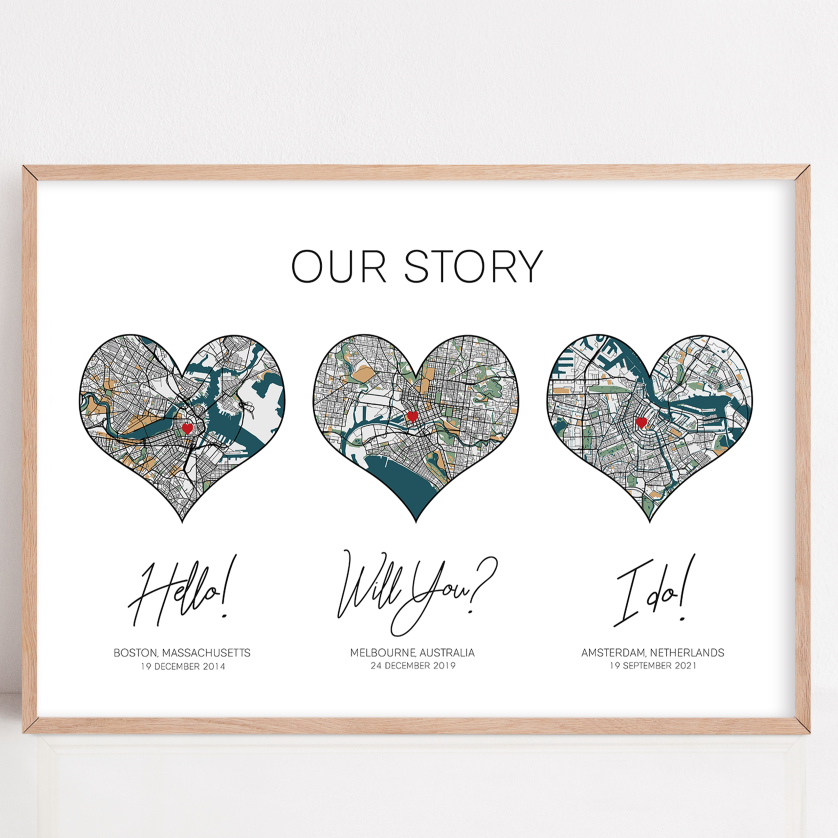 Custom anniversary print on paper featuring the phrases "Our Story," "Hello," "Will You?," and "I Do"—a personalized design celebrating a couple’s journey, honoring the traditional first-year anniversary gift of paper