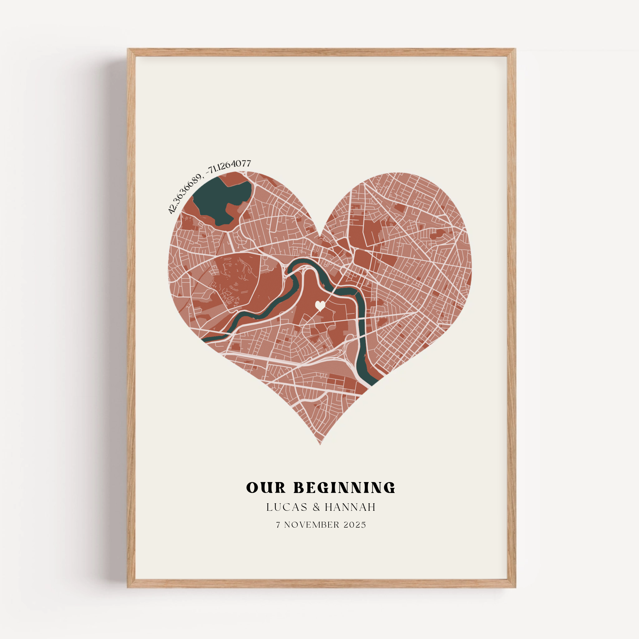 Anniversary map print displayed in minimalist, classic, or watercolor style with custom location details