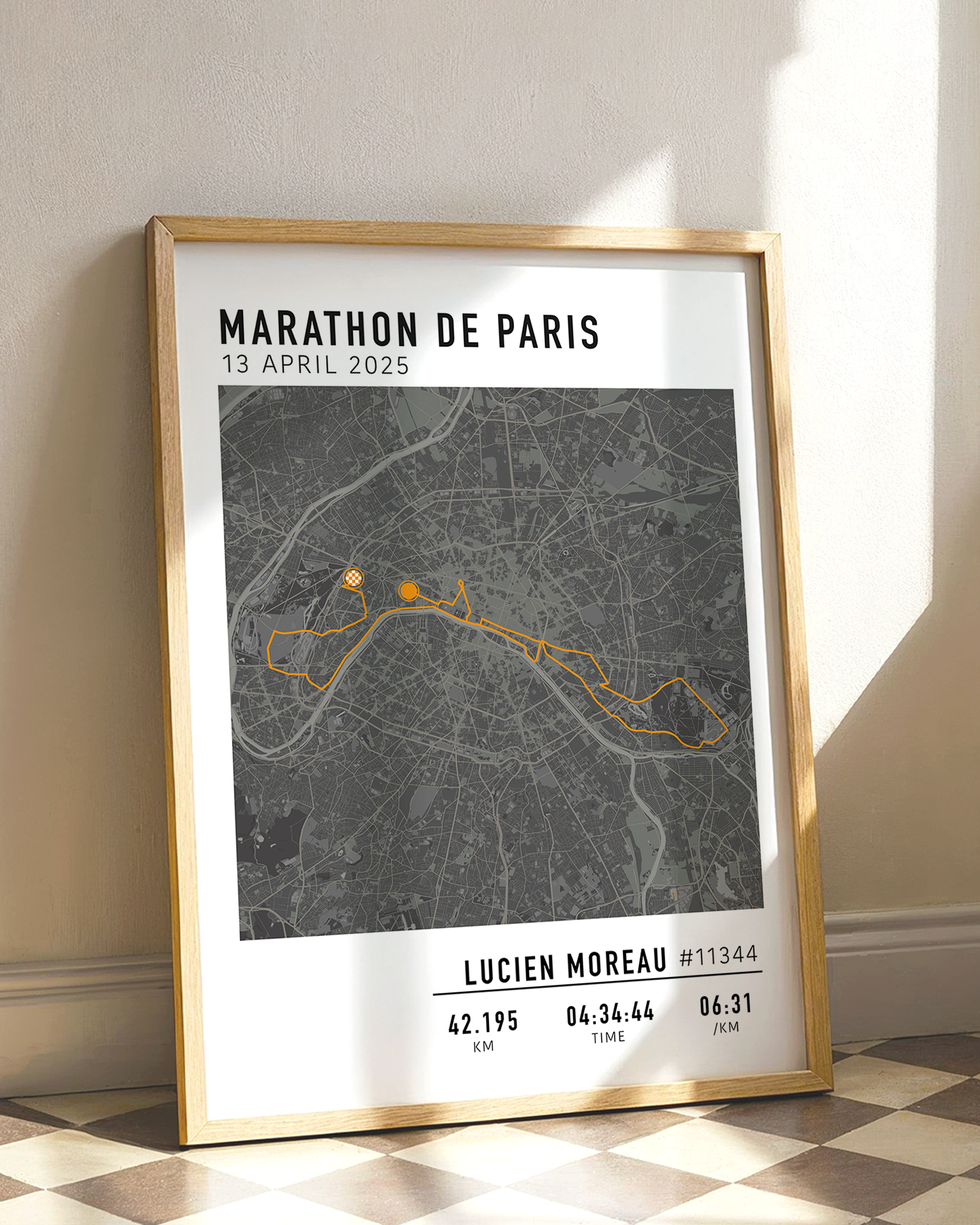 Marathon de Paris Print Gift for Runners Post Race Gift, framed Paris marathon route print with custom statistics and time. Showcase the marathon map poster