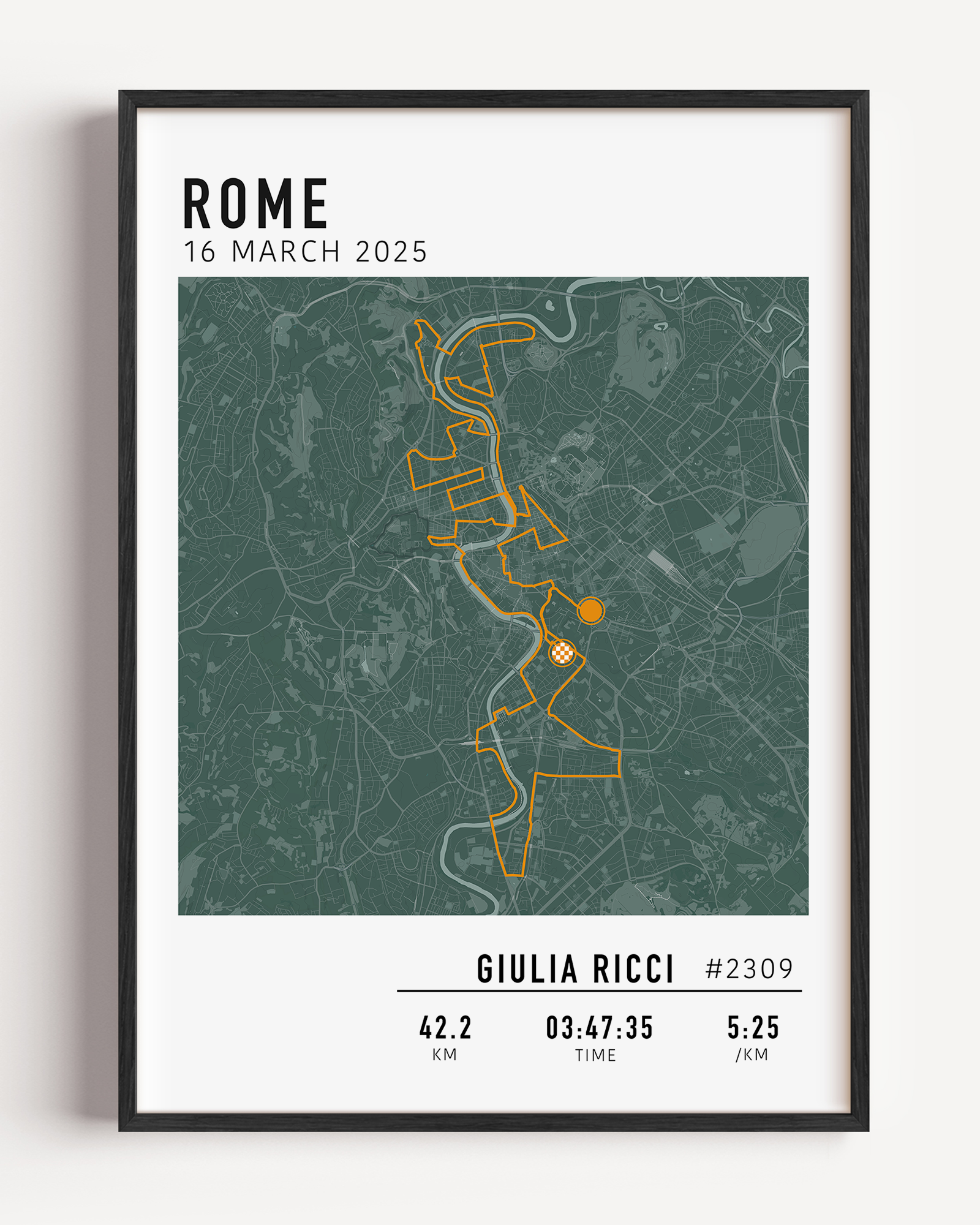 Rome Marathon Map Print Gift for Runners Post Race Gift, framed Rome marathon route print with custom statistics and time