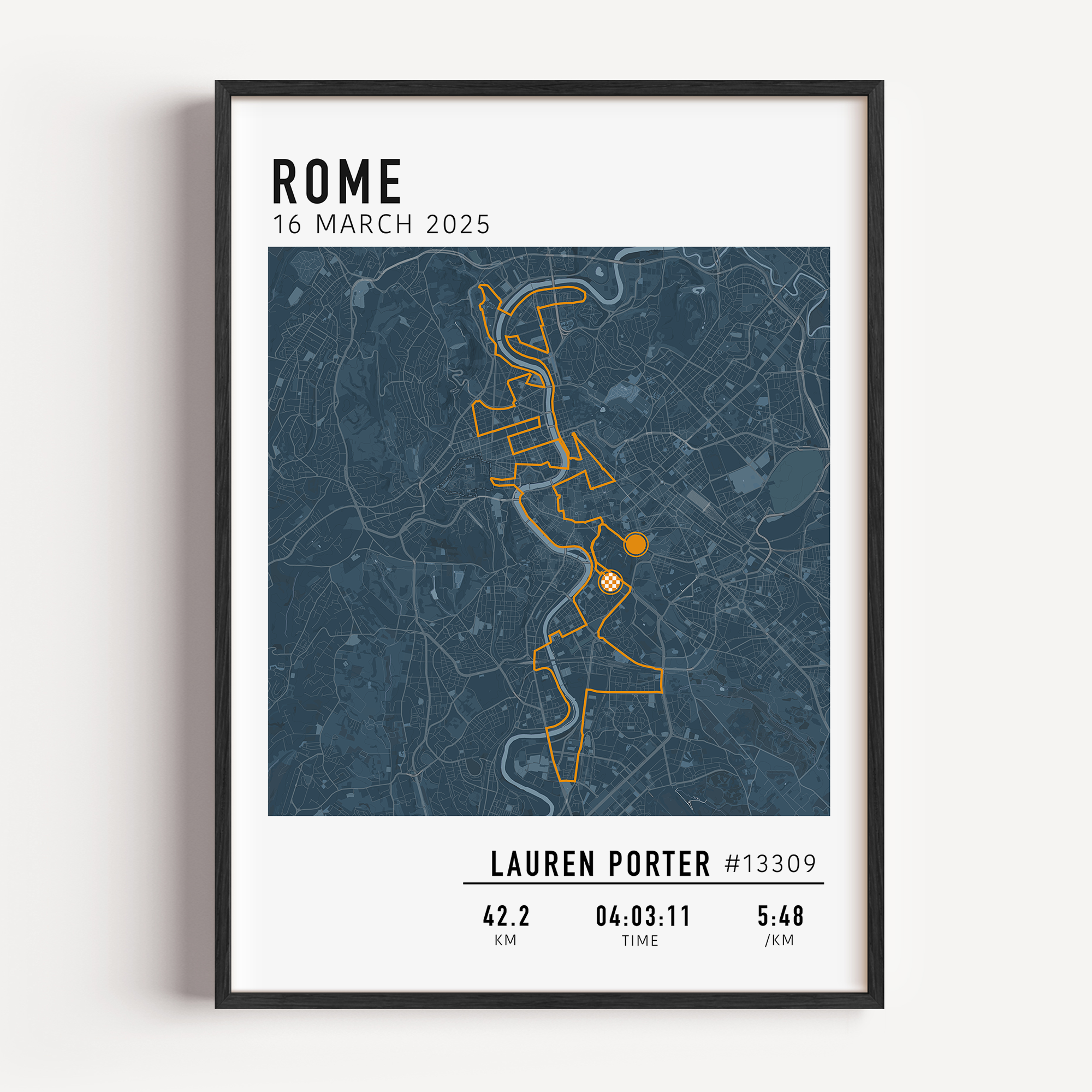 Rome Marathon Map Print Gift for Runners Post Race Gift, framed Rome marathon route print with custom statistics and time