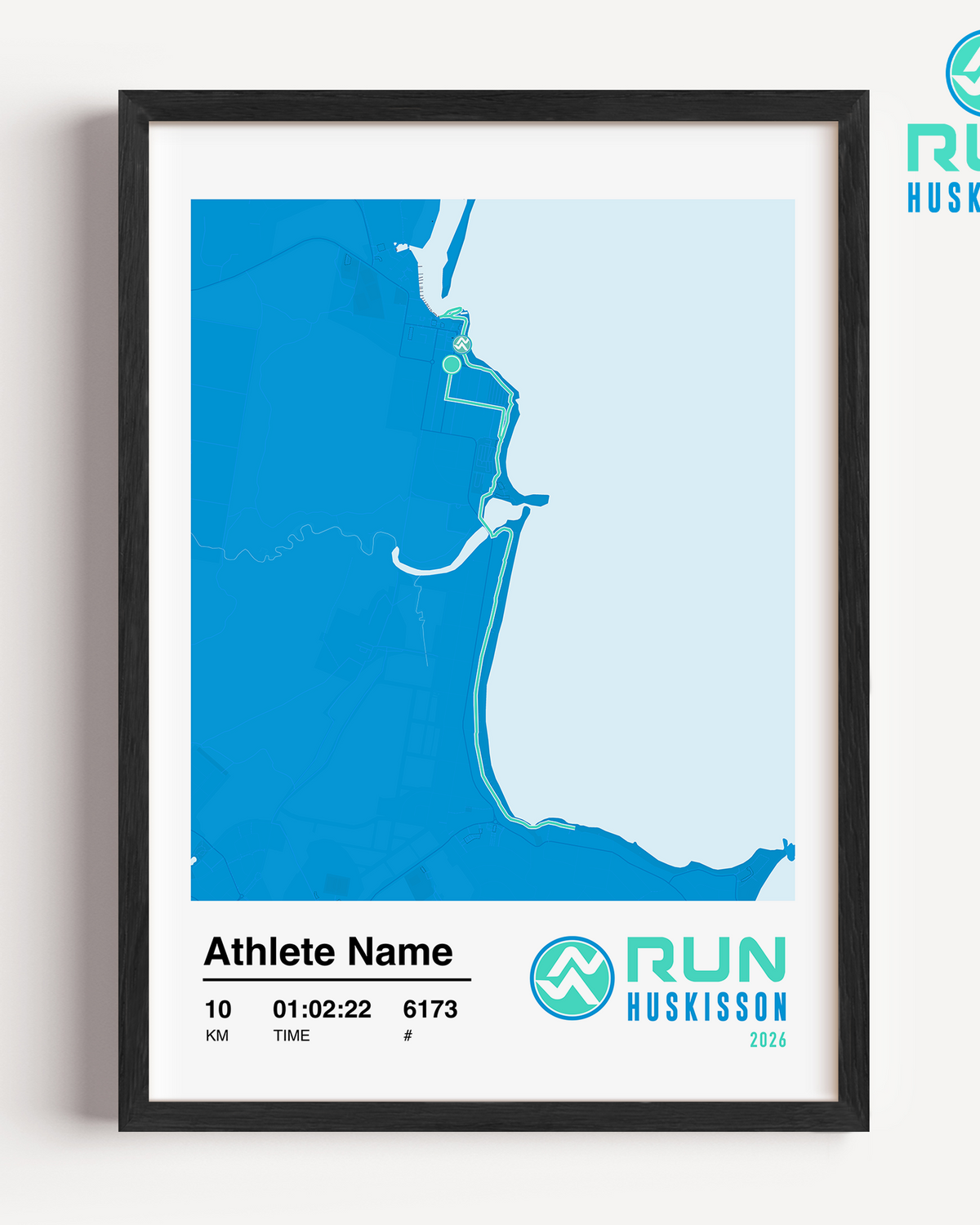2026 Run Husky 10km Framed Custom Print. Run Huskisson logo and course map with athlete stats and name