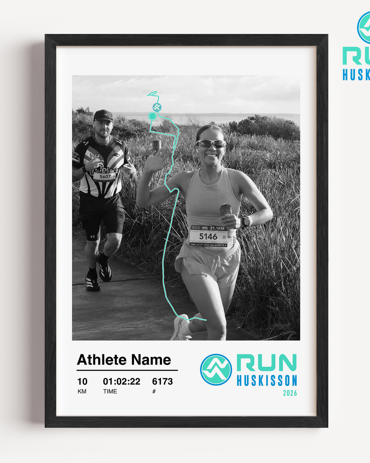A customizable official Run Huskisson 10km print featuring a runner's uploaded race photo alongside their personalized finishing stats.