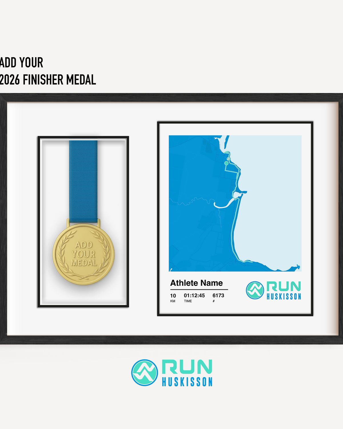 A framed personalized Run Huskisson 10km medal display frame on a light gray background. The black frame contains a place for your finisher medal and a blue-and-white map-style print with athlete stats, race time and the RUN HUSKISSON logo on the right.