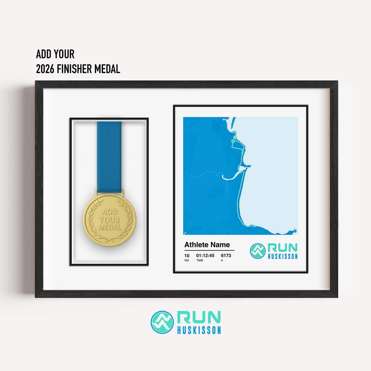 A framed personalized Run Huskisson 10km medal display frame on a light gray background. The black frame contains a place for your finisher medal and a blue-and-white map-style print with athlete stats, race time and the RUN HUSKISSON logo on the right.