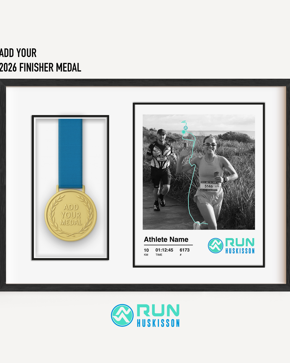 An official Run Huskisson 10km medal display frame featuring a placeholder for the finisher's medal, a custom uploaded race photo, and personalized runner stats.