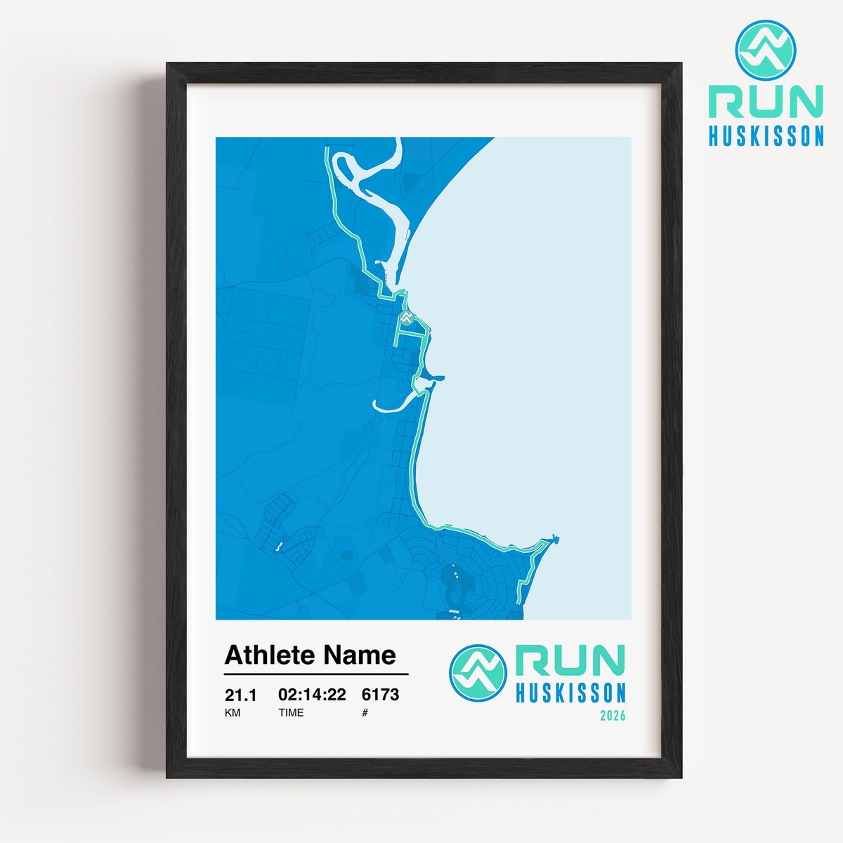 2026 Run Husky Half Marathon Framed Custom Print. Run Huskisson logo and course map with athlete stats and name