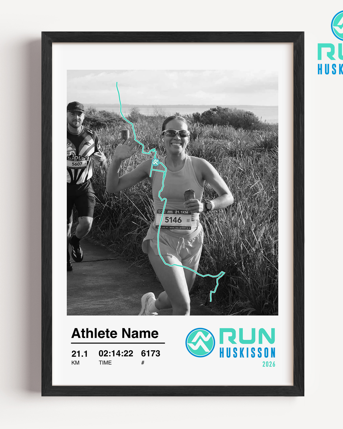 A customizable official Run Huskisson Half Marathon print featuring a runner's uploaded race photo alongside their personalized finishing stats.