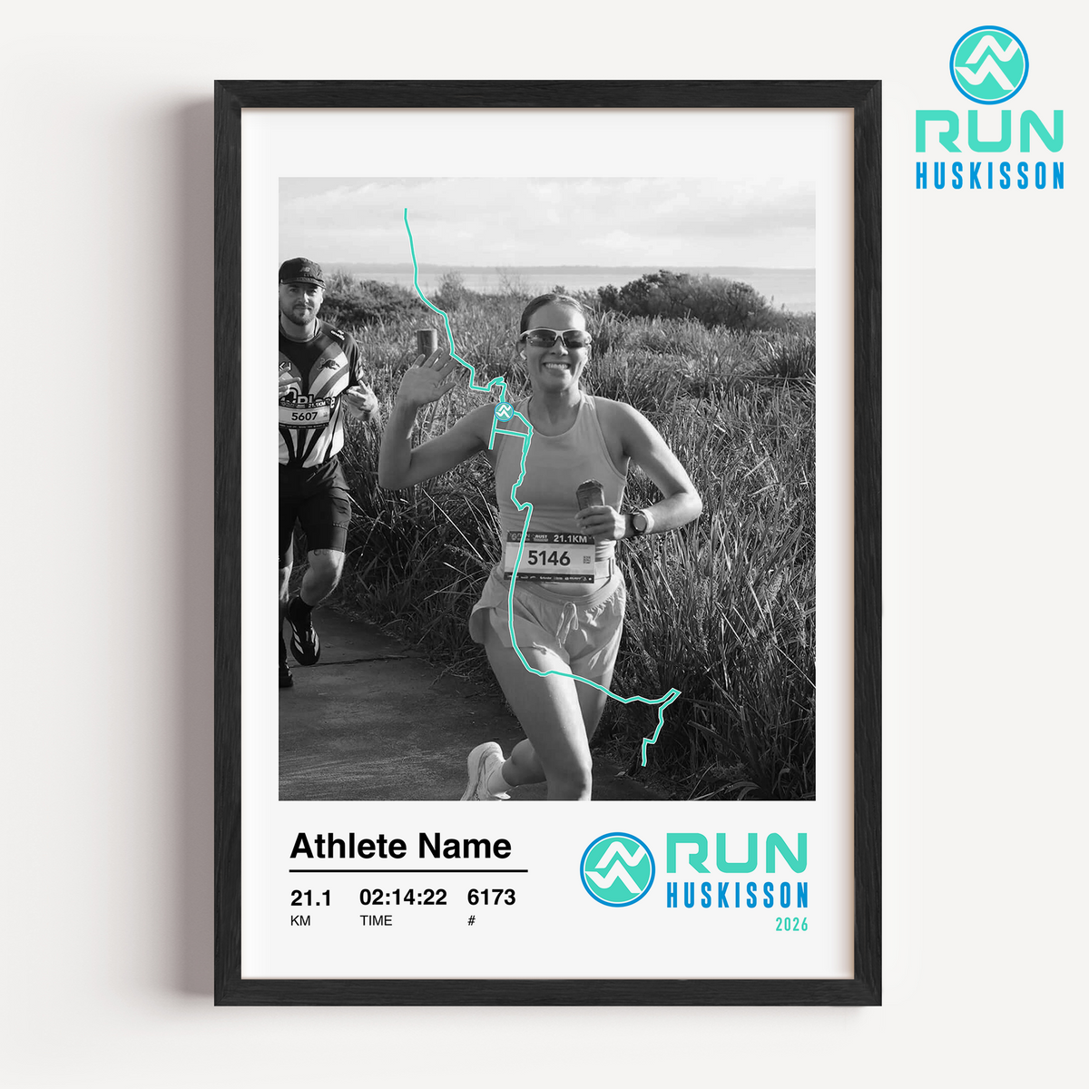 A customizable official Run Huskisson Half Marathon print featuring a runner's uploaded race photo alongside their personalized finishing stats.