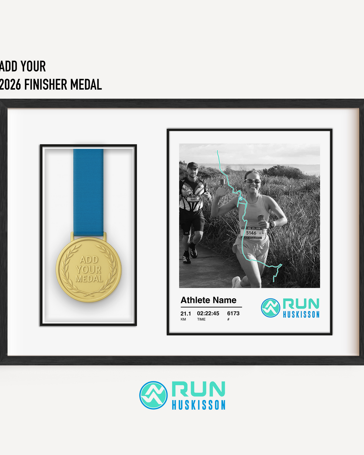 An official Run Huskisson Half Marathon medal display frame featuring a placeholder for the finisher's medal, a custom uploaded race photo, and personalized runner stats.