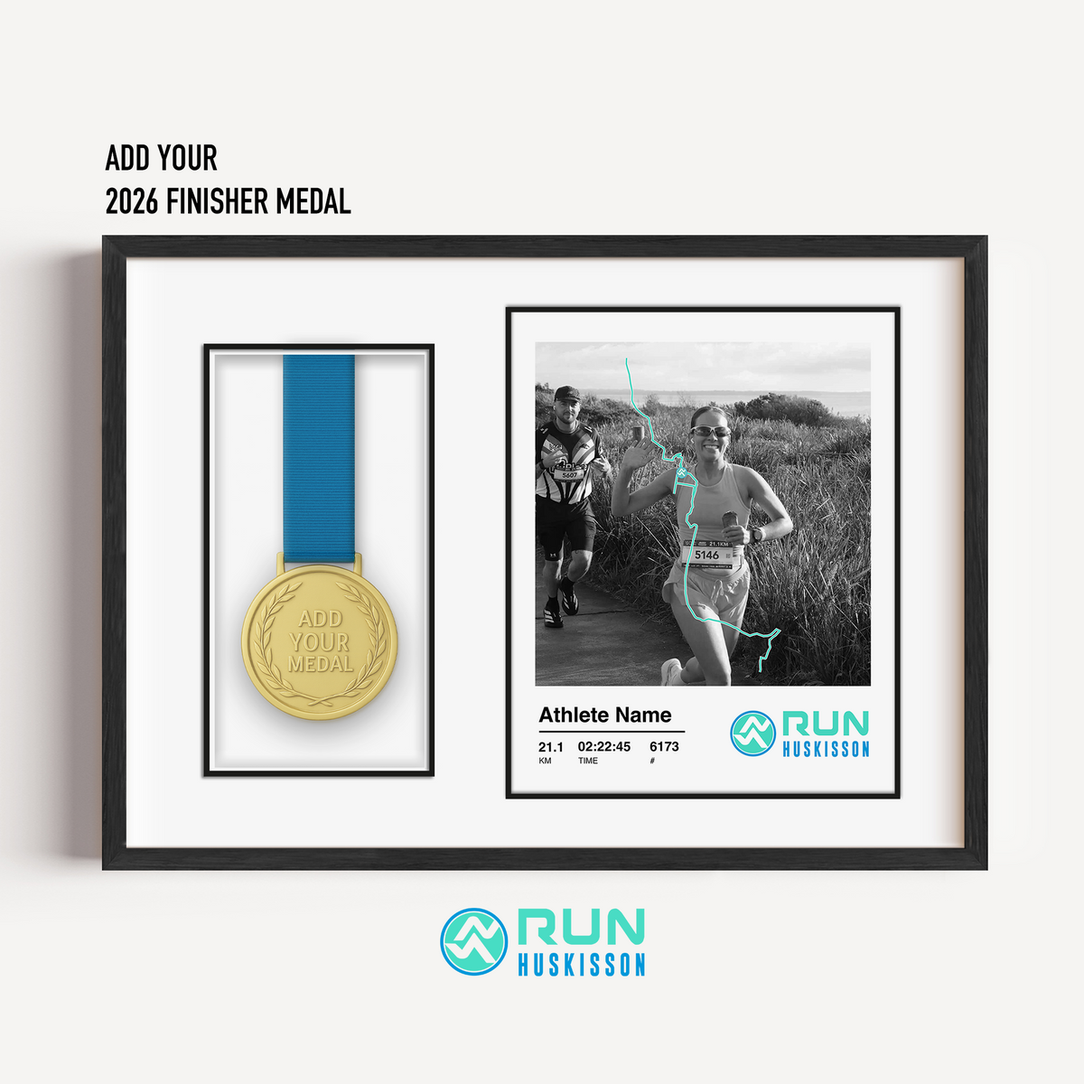 An official Run Huskisson Half Marathon medal display frame featuring a placeholder for the finisher's medal, a custom uploaded race photo, and personalized runner stats.