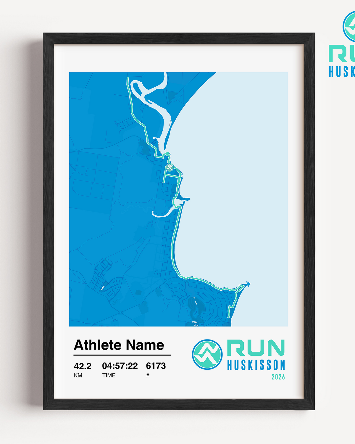 2026 Run Husky Marathon Framed Custom Print. Run Huskisson logo and course map with athlete stats and name