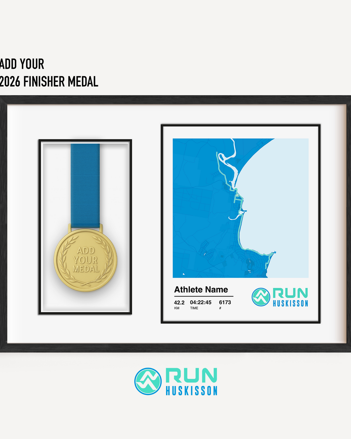 A framed personalized Run Huskisson Marathon medal display frame on a light gray background. The black frame contains a place for your finisher medal and a blue-and-white map-style print with athlete stats, race time and the RUN HUSKISSON logo on the right.