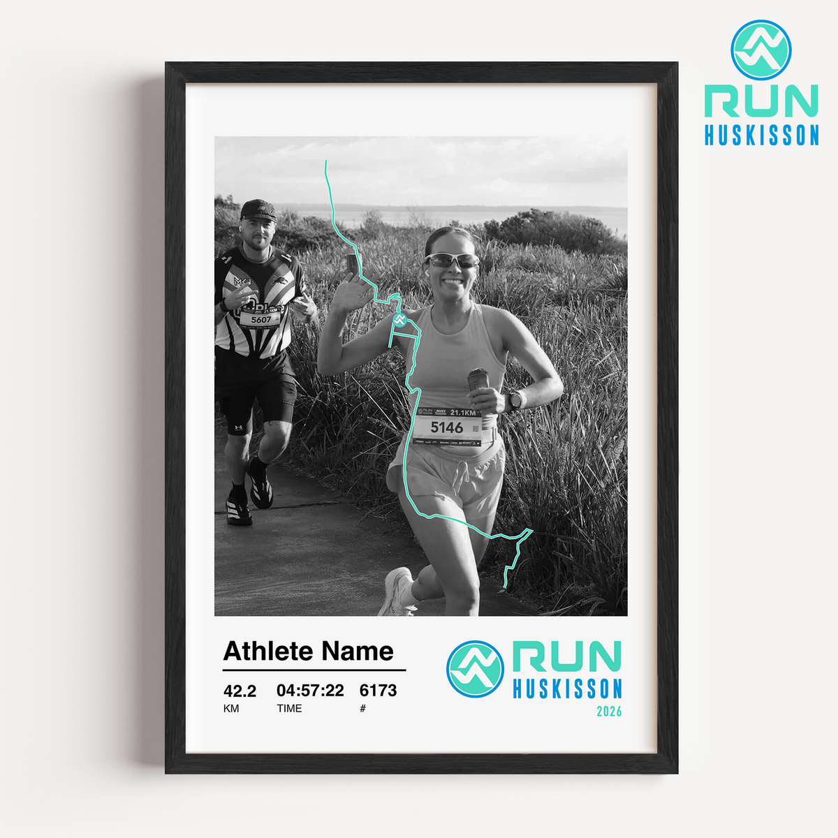 A customizable official Run Huskisson Marathon print featuring a runner's uploaded race photo alongside their personalized finishing stats.
