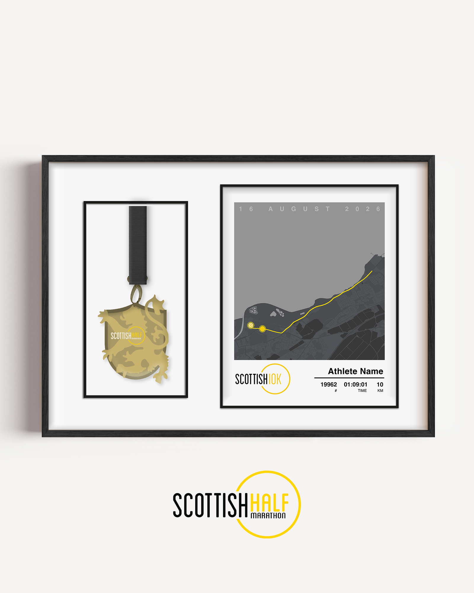 Scottish 10K medal display frame showcasing a personalised grey race route print alongside a dedicated display section for the official finisher medal.