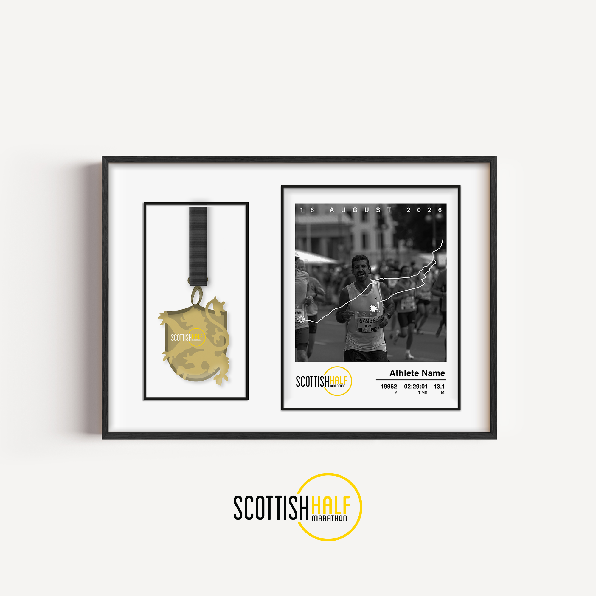 Personalised Scottish Half Marathon medal frame combining a custom finisher print, runner photo, official race stats, and medal window.