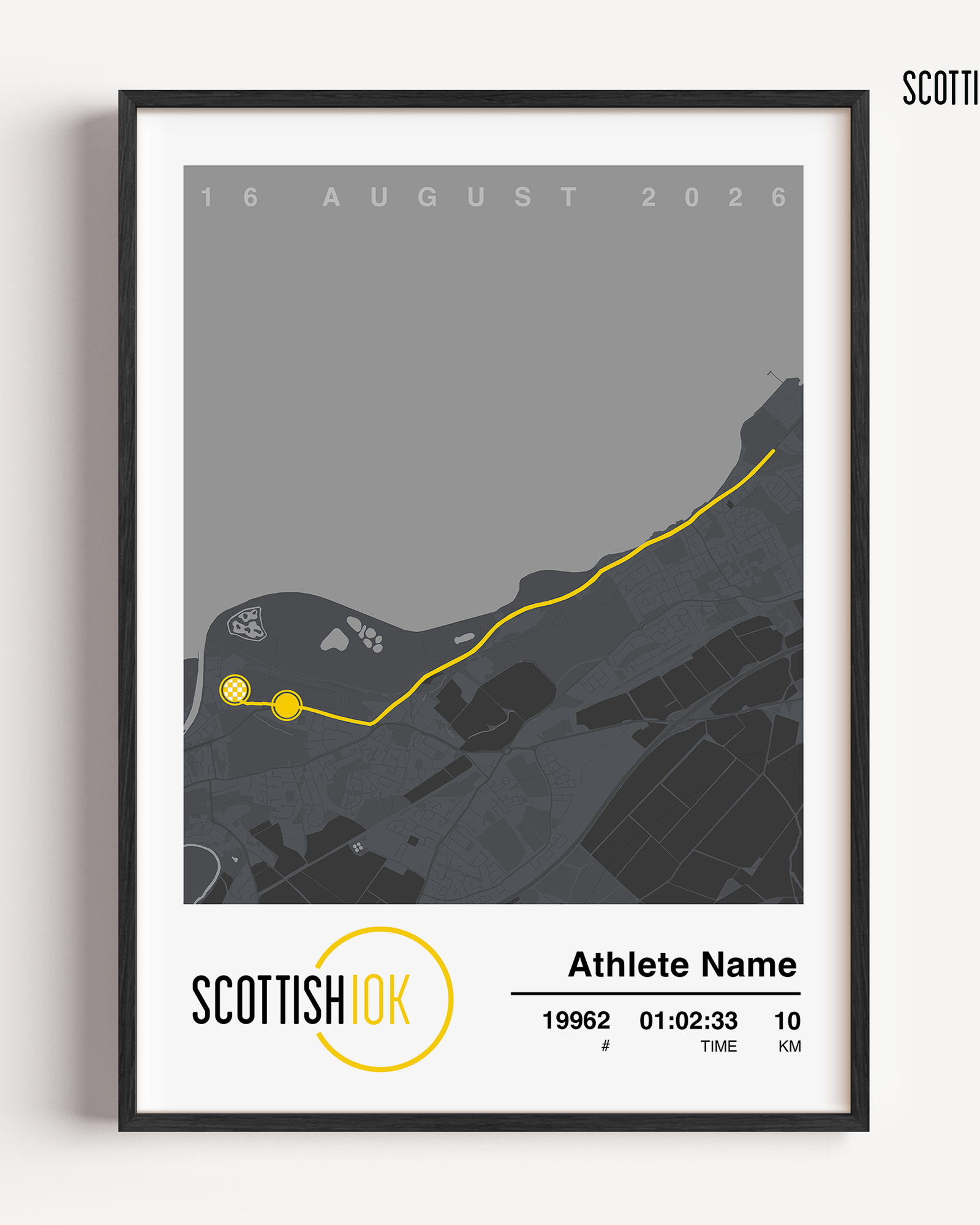 Custom Scottish 10K race print in a stylish grey theme displaying the official Musselburgh route map, runner name, bib number, and official finish time.