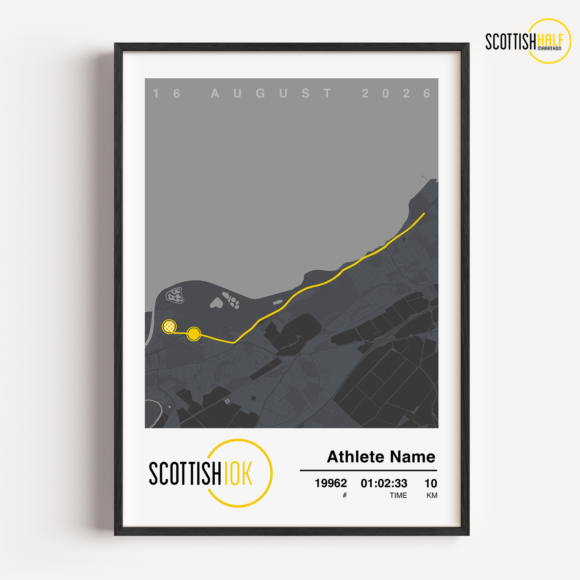 Custom Scottish 10K race print in a stylish grey theme displaying the official Musselburgh route map, runner name, bib number, and official finish time.