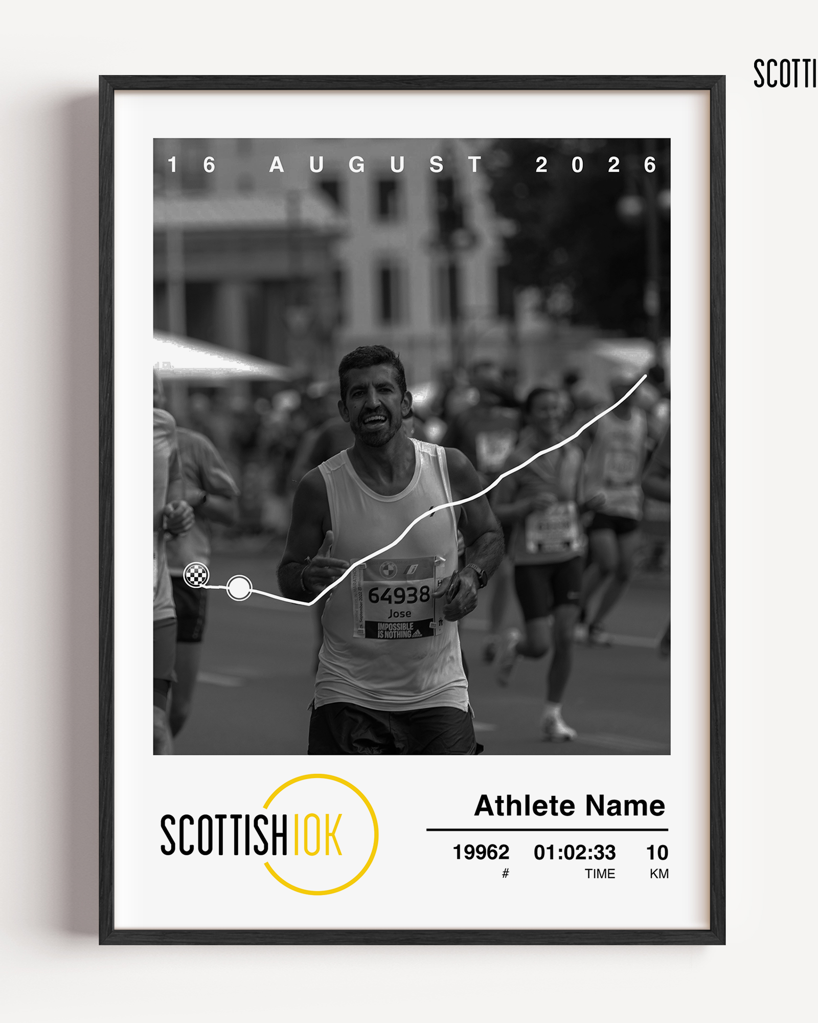 Personalised Scottish 10K running print featuring custom race stats, the official course map, and an uploaded photo of the runner crossing the finish line.