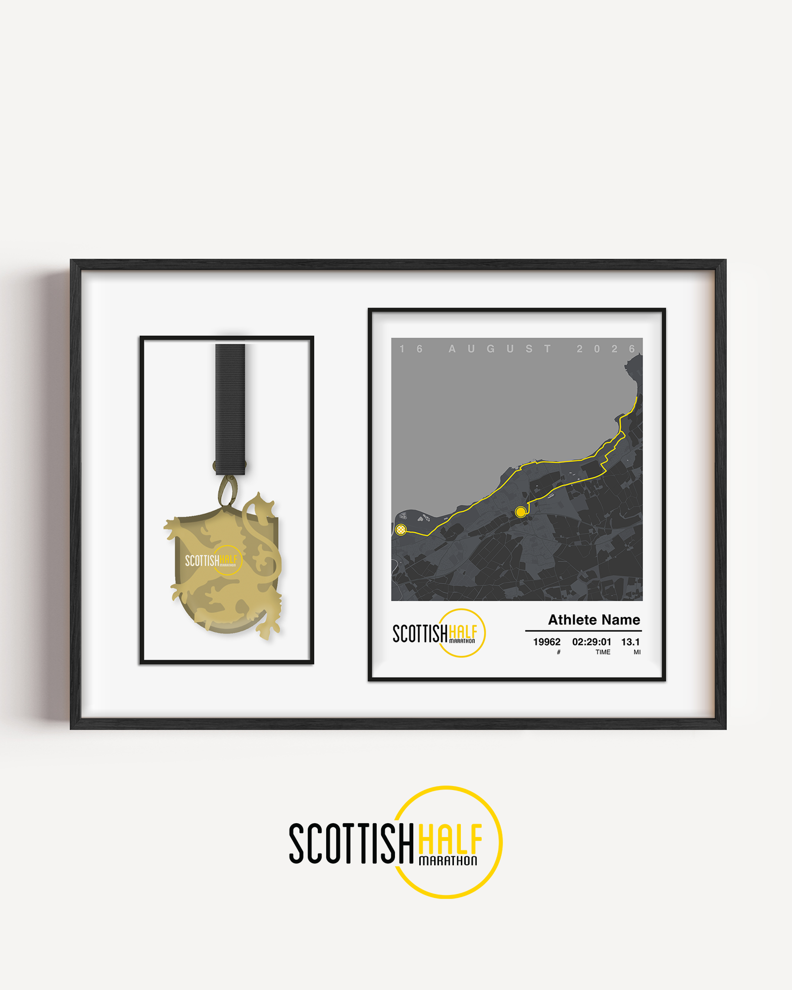 Scottish Half Marathon medal display frame featuring a classic grey personalised race print and a precision cut-out showcasing the official finisher medal.