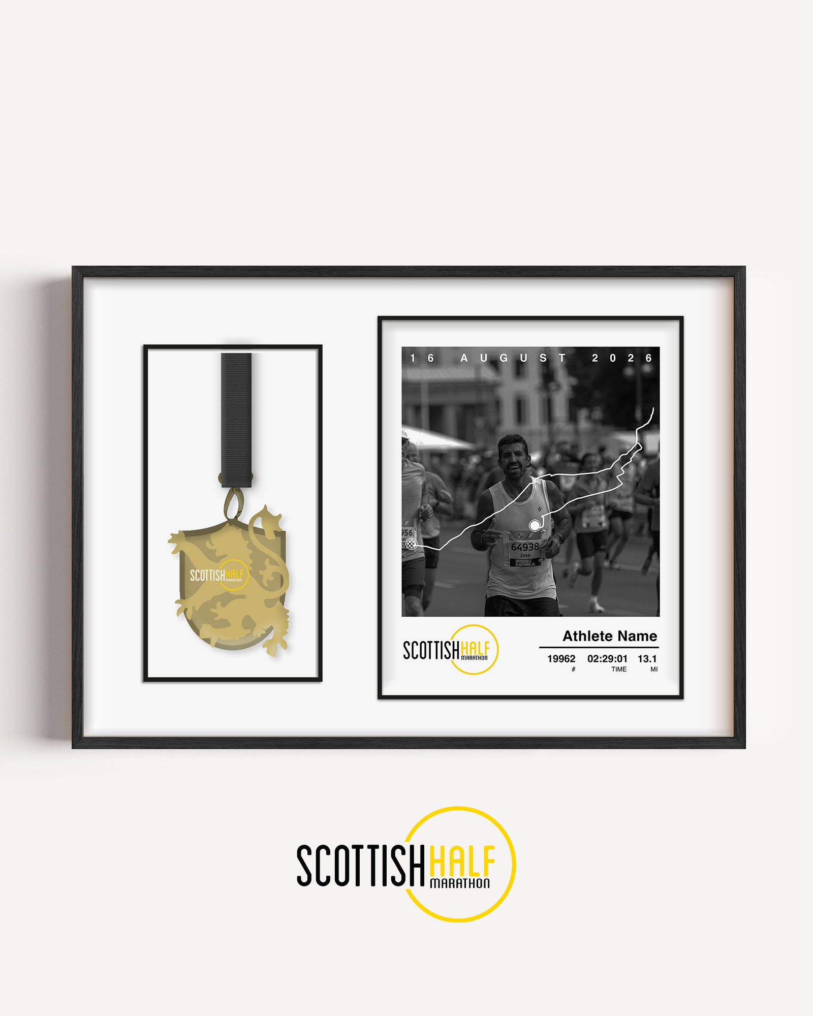 Personalised Scottish 10K medal display frame featuring a custom race print with runner photo, official finish time, and medal holder.