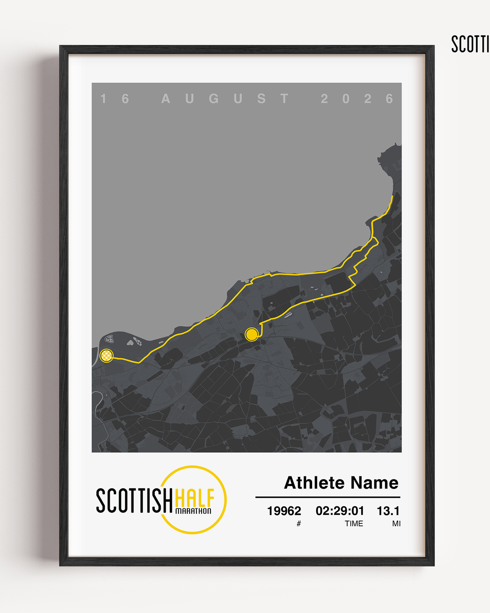 Custom Scottish Half Marathon race print in a modern grey design featuring the official East Lothian route map, runner name, bib number, and finish time.